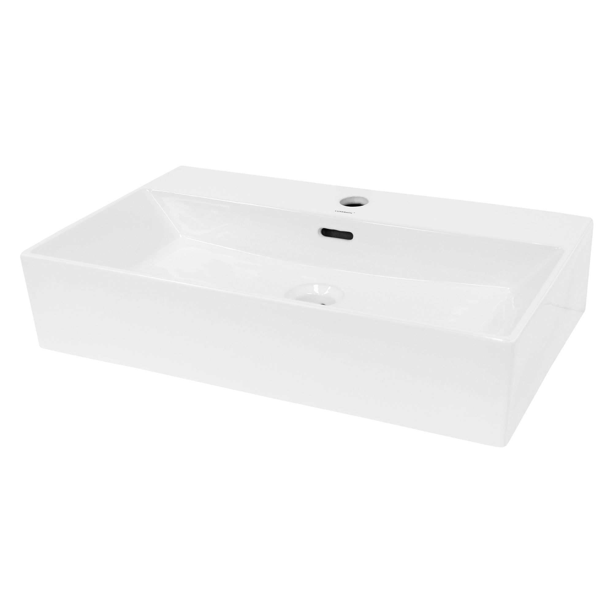 Weißes Waschbecken mit rechteckiger Form und mittigem Abfluss.