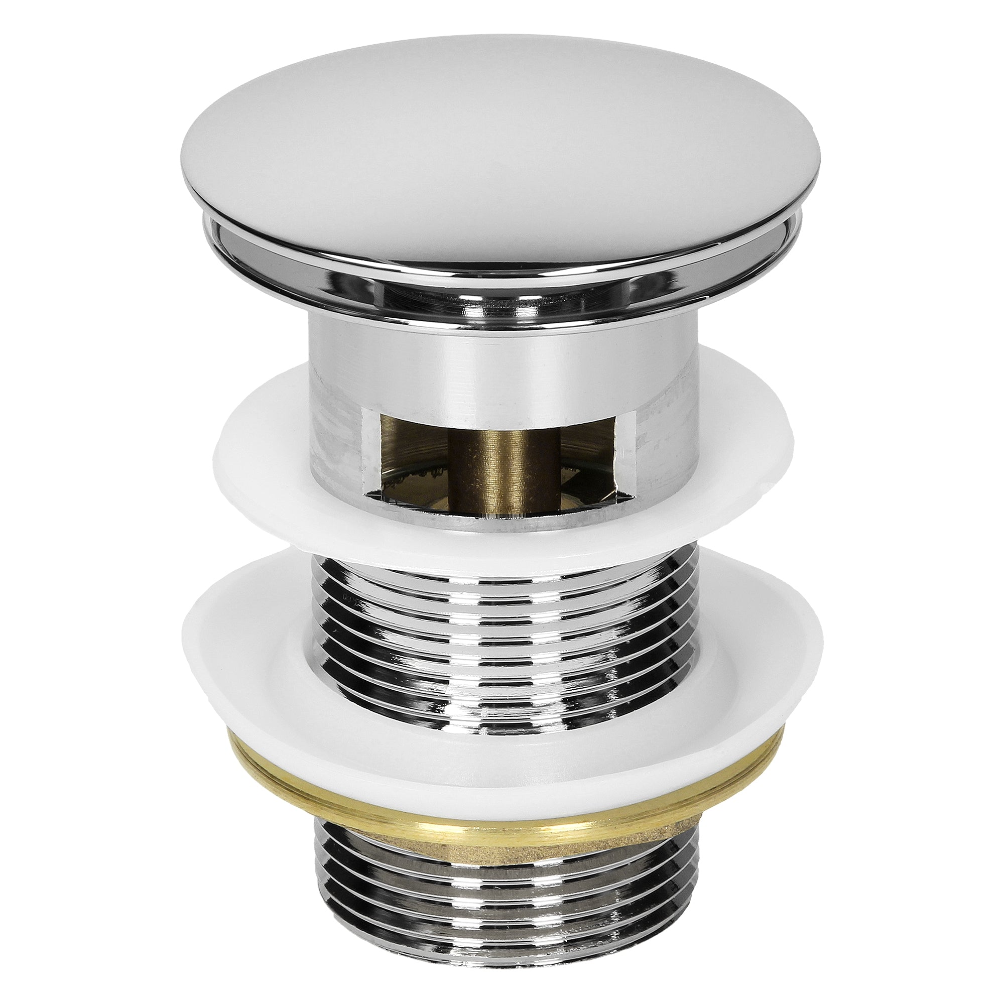 Chromfarbener Ablauf mit Überlauf und Dichtungen.