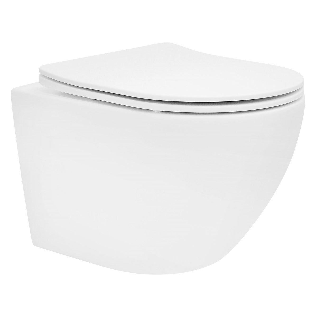 Valkoinen seinä-WC-istuin pyöristetyillä reunoilla.