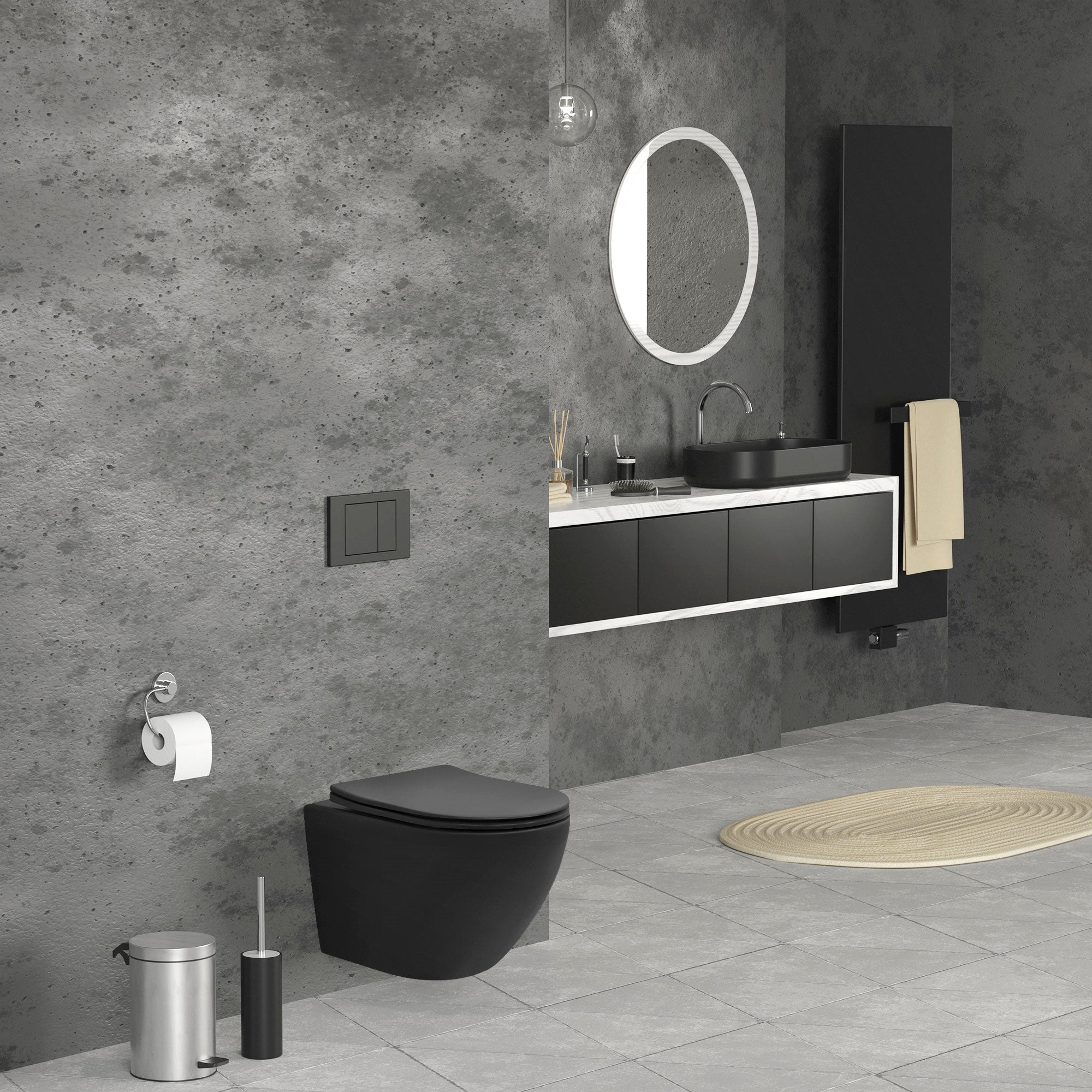 Modernes Badezimmer mit schwarzer Wandtoilette und runder Spiegelleuchte.