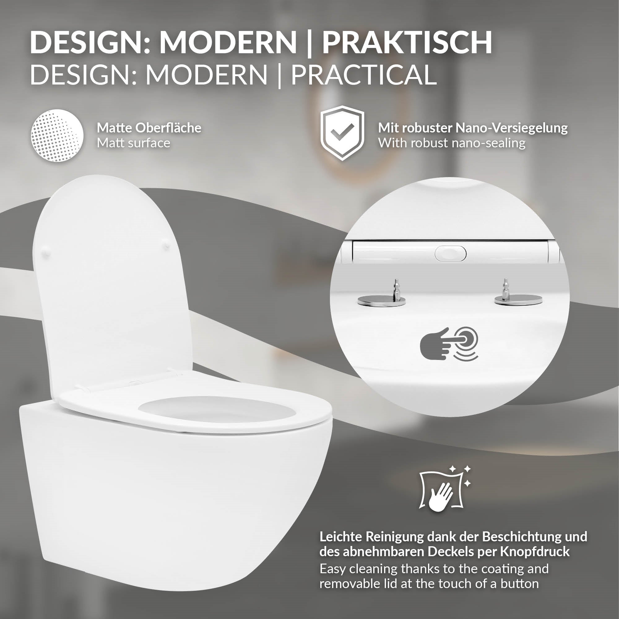 Toilet met modern ontwerp en gemakkelijk te reinigen deksel.