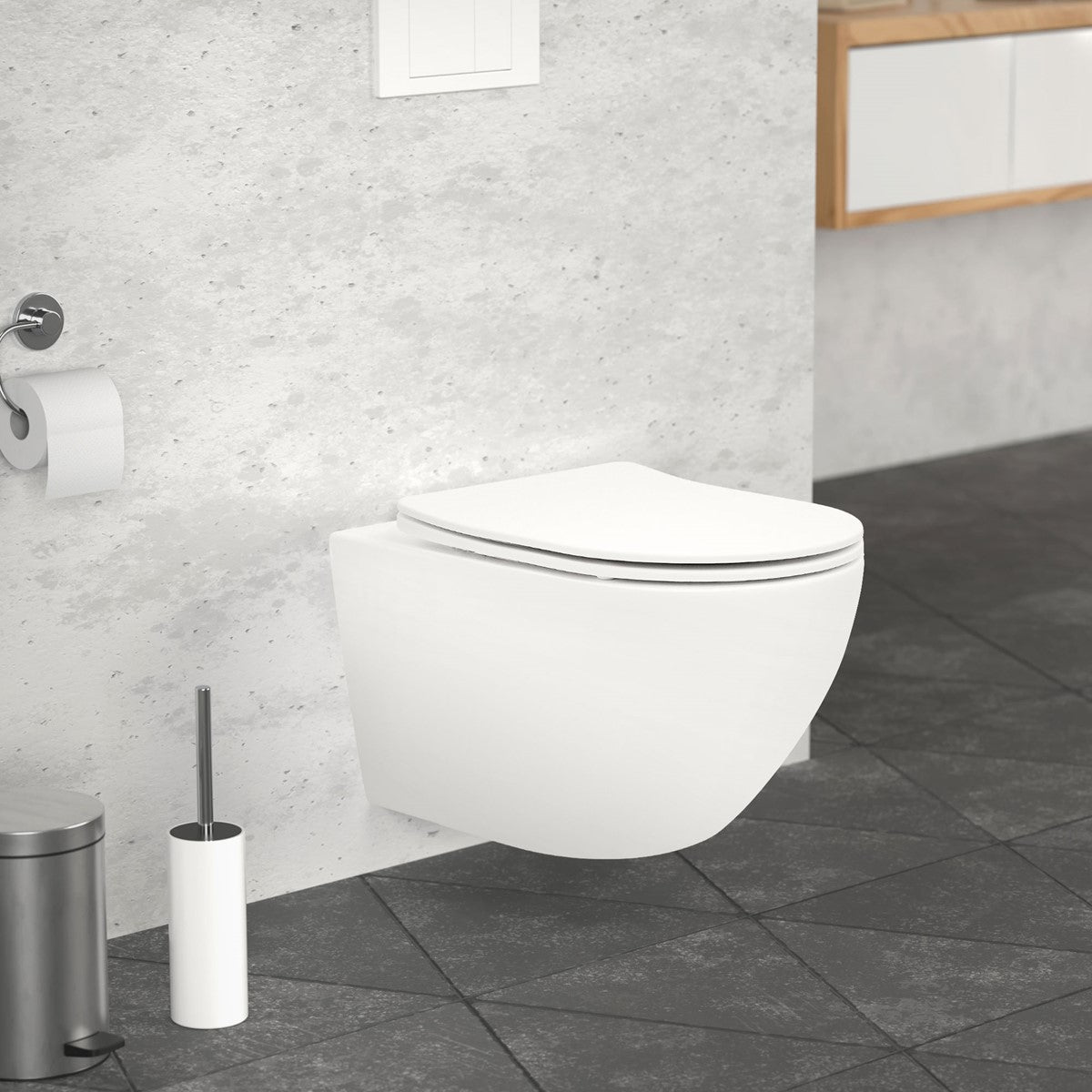 Wall-hung toilet in a modern bathroom with a grey wall and tiles.
