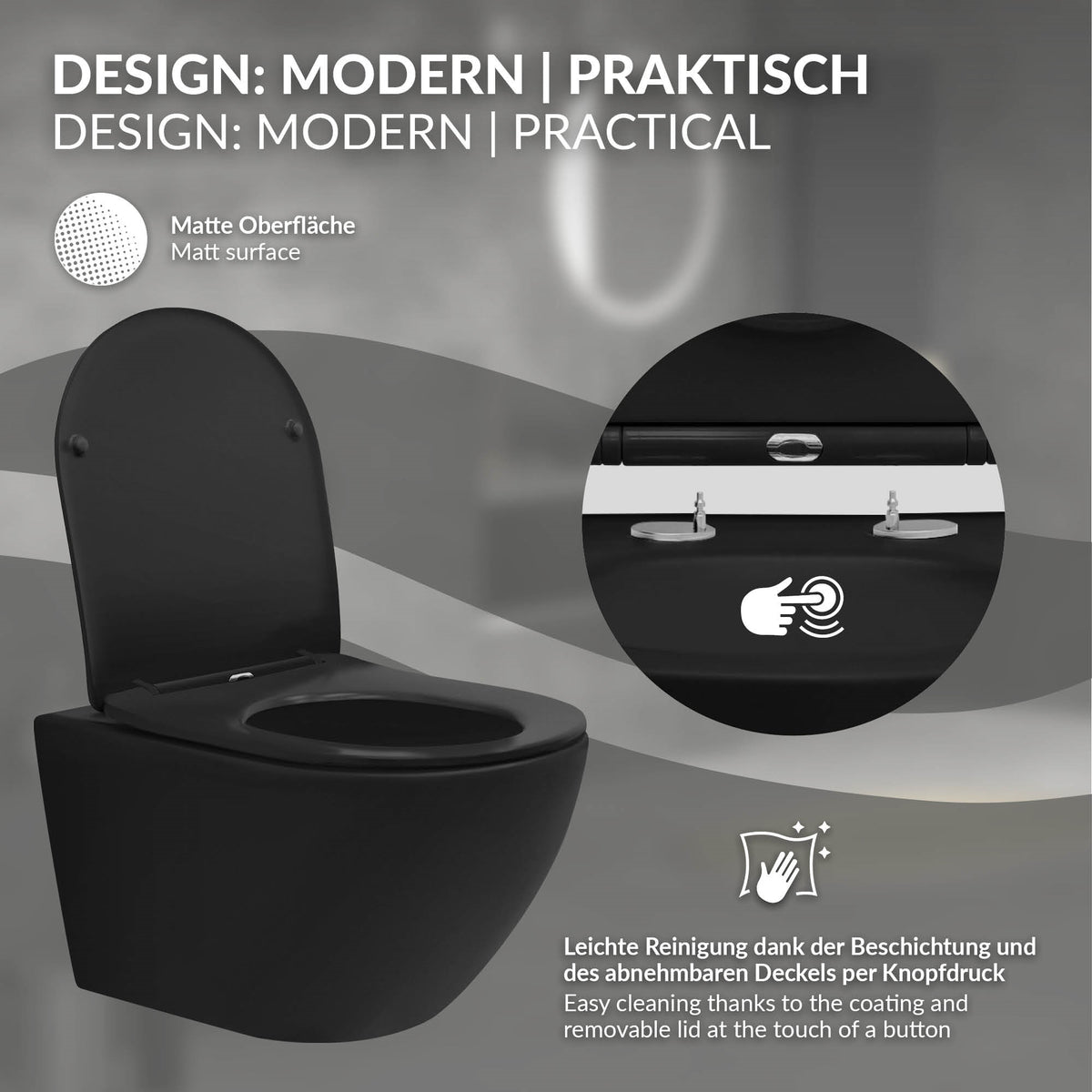 Zwart, modern toilet met afneembaar deksel en eenvoudige reiniging.