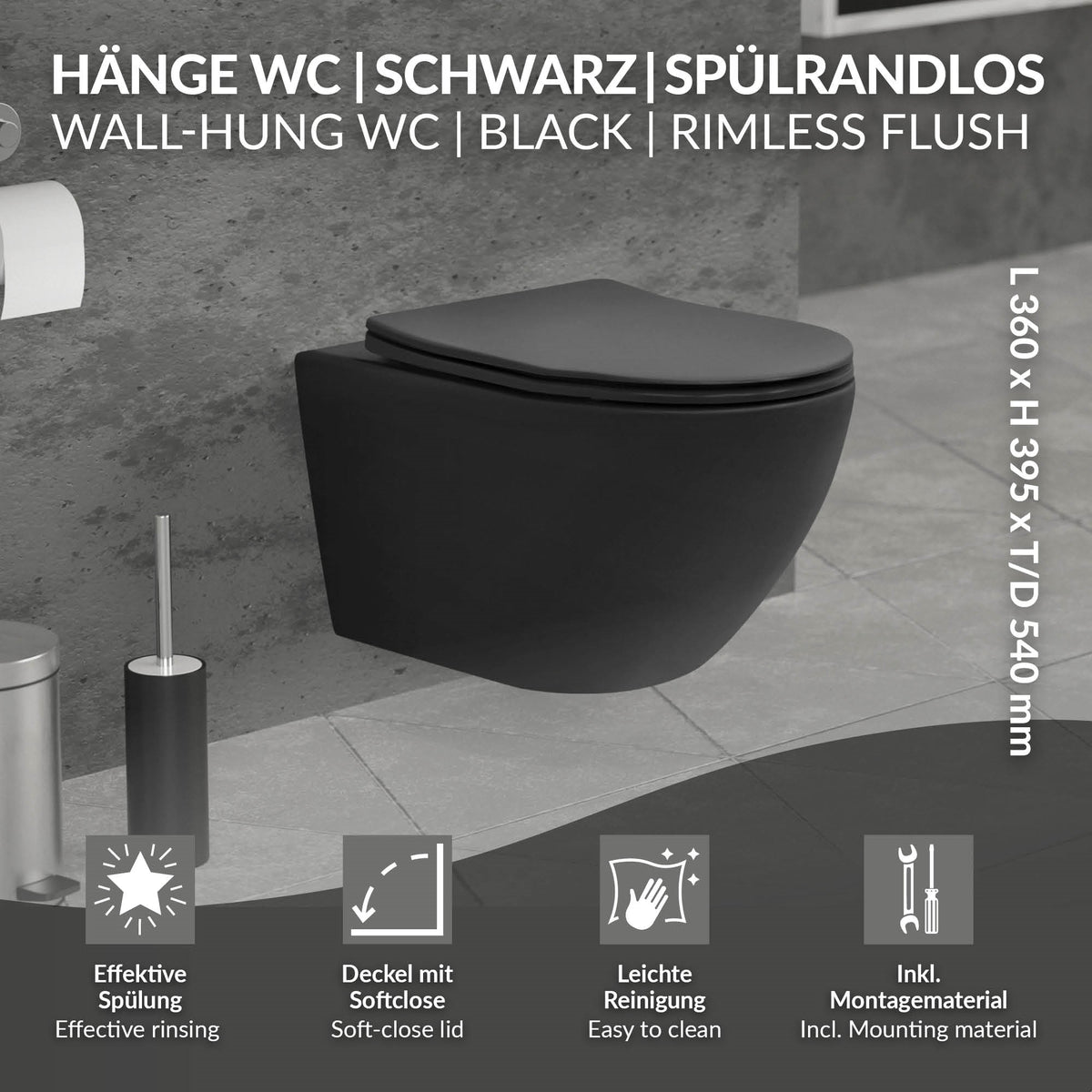 Zwart, wandhangend toilet met softclose-deksel en technische details.