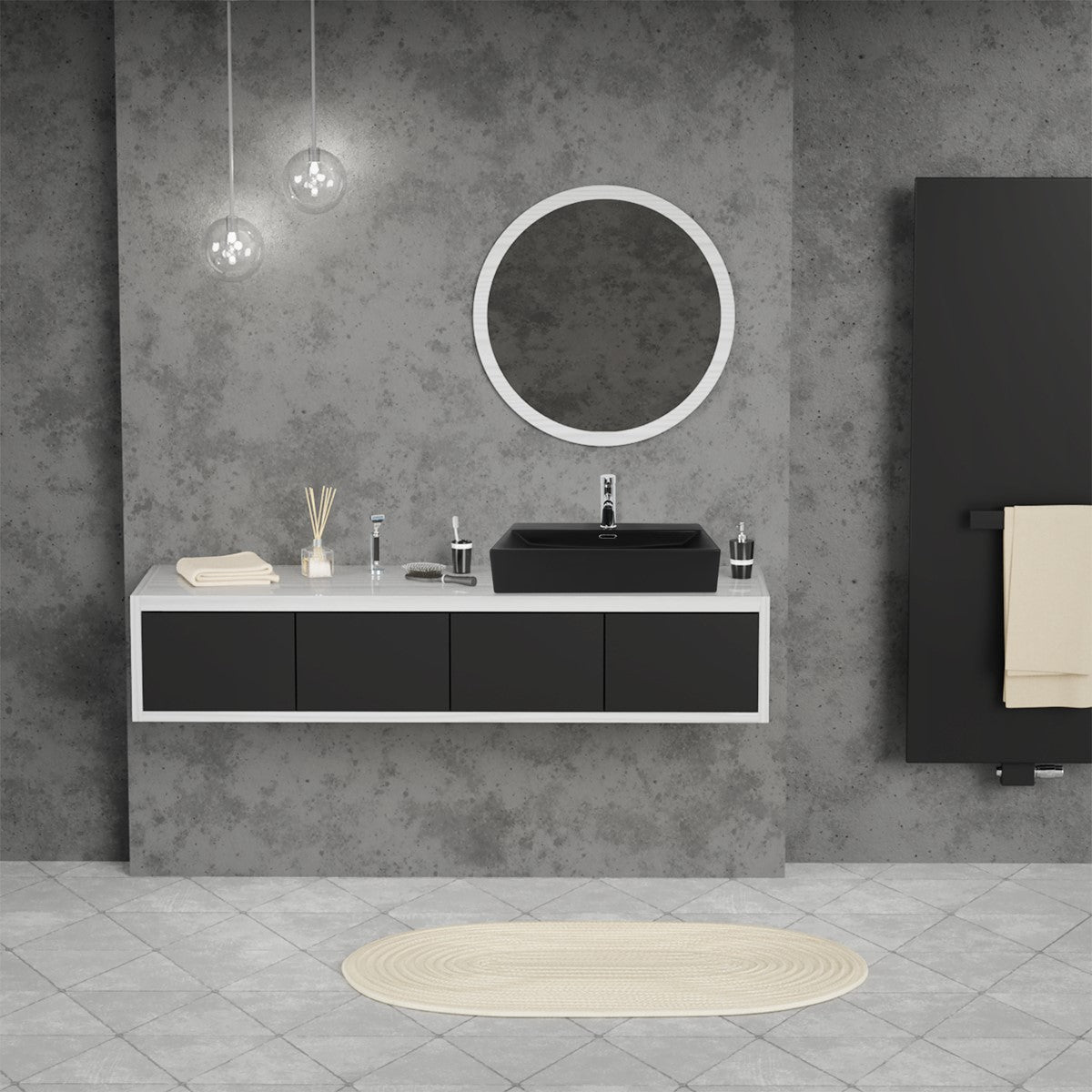 Bagno moderno con lavabo nero, specchio e pareti grigie.