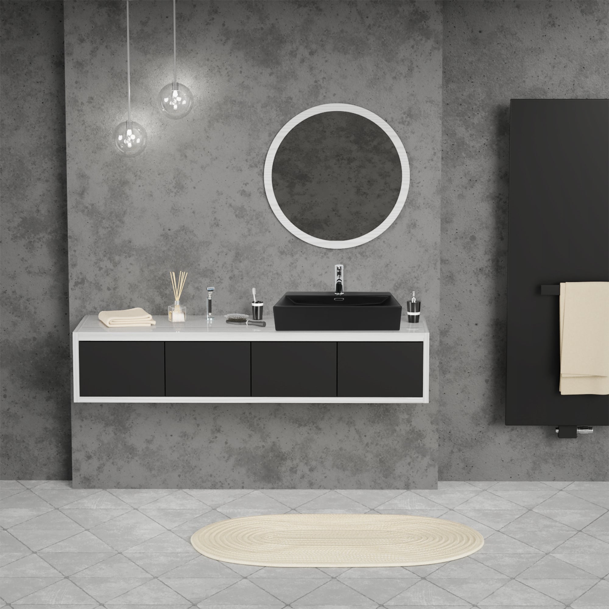 Modernes Badezimmer mit schwarzem Waschbecken, Spiegel und grauen Wänden.