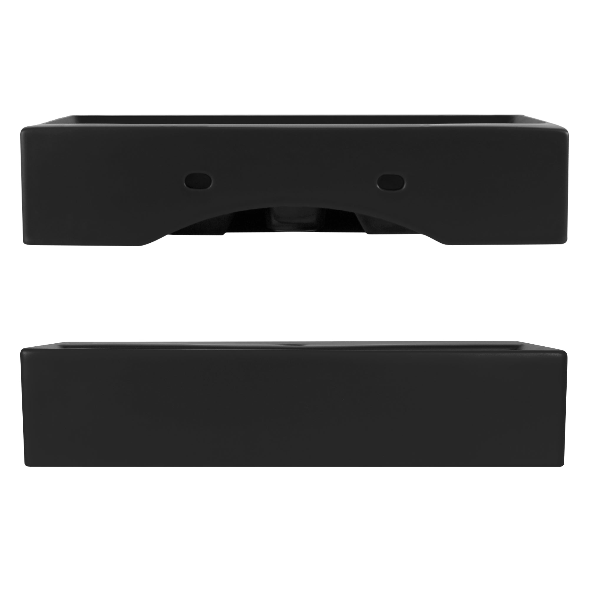 Black heating device from above and below, rectangular shape.