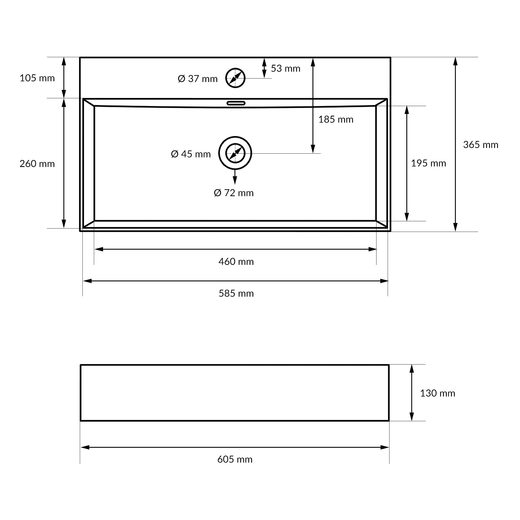 Technical drawing of a sink with dimensions.