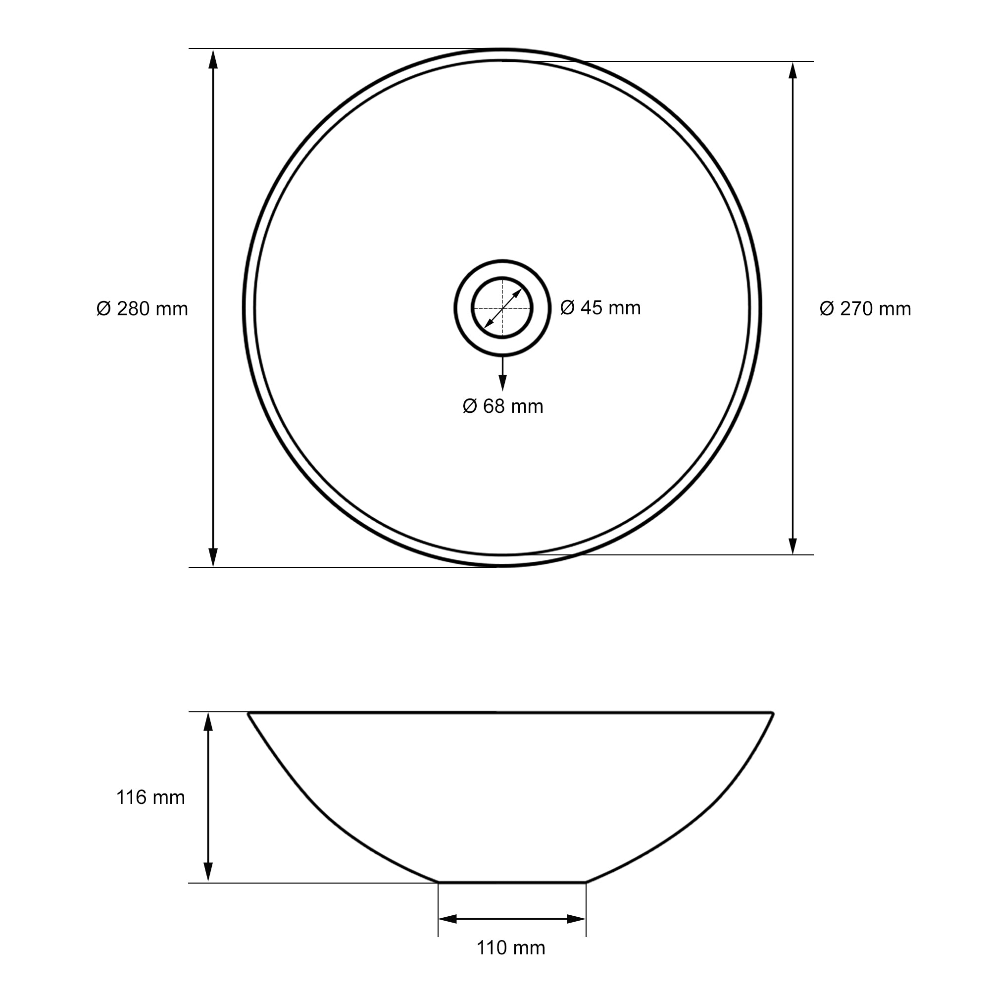 Technical drawing of a round sink with dimensions.