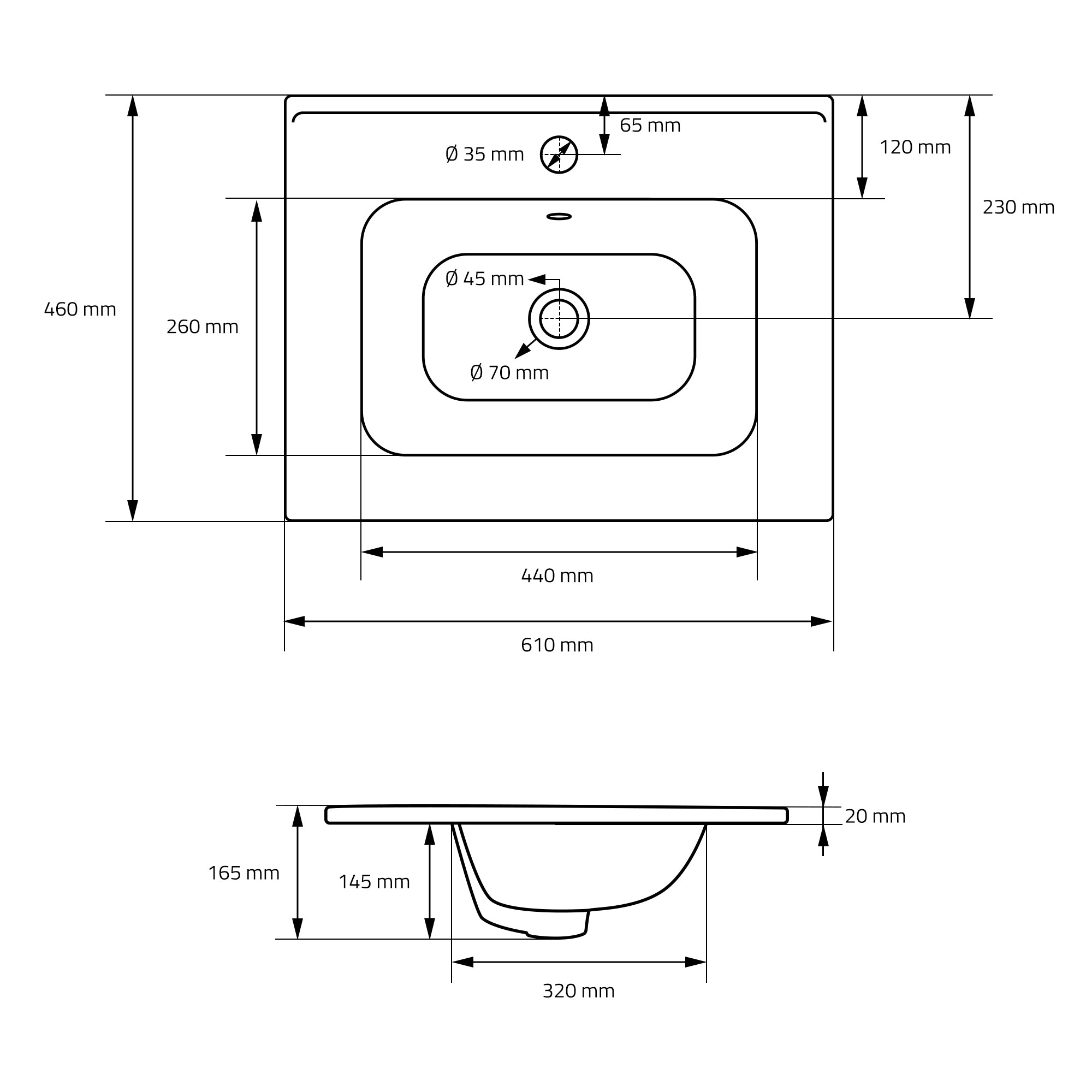 Technische tekening van een wastafel met maatgegevens.