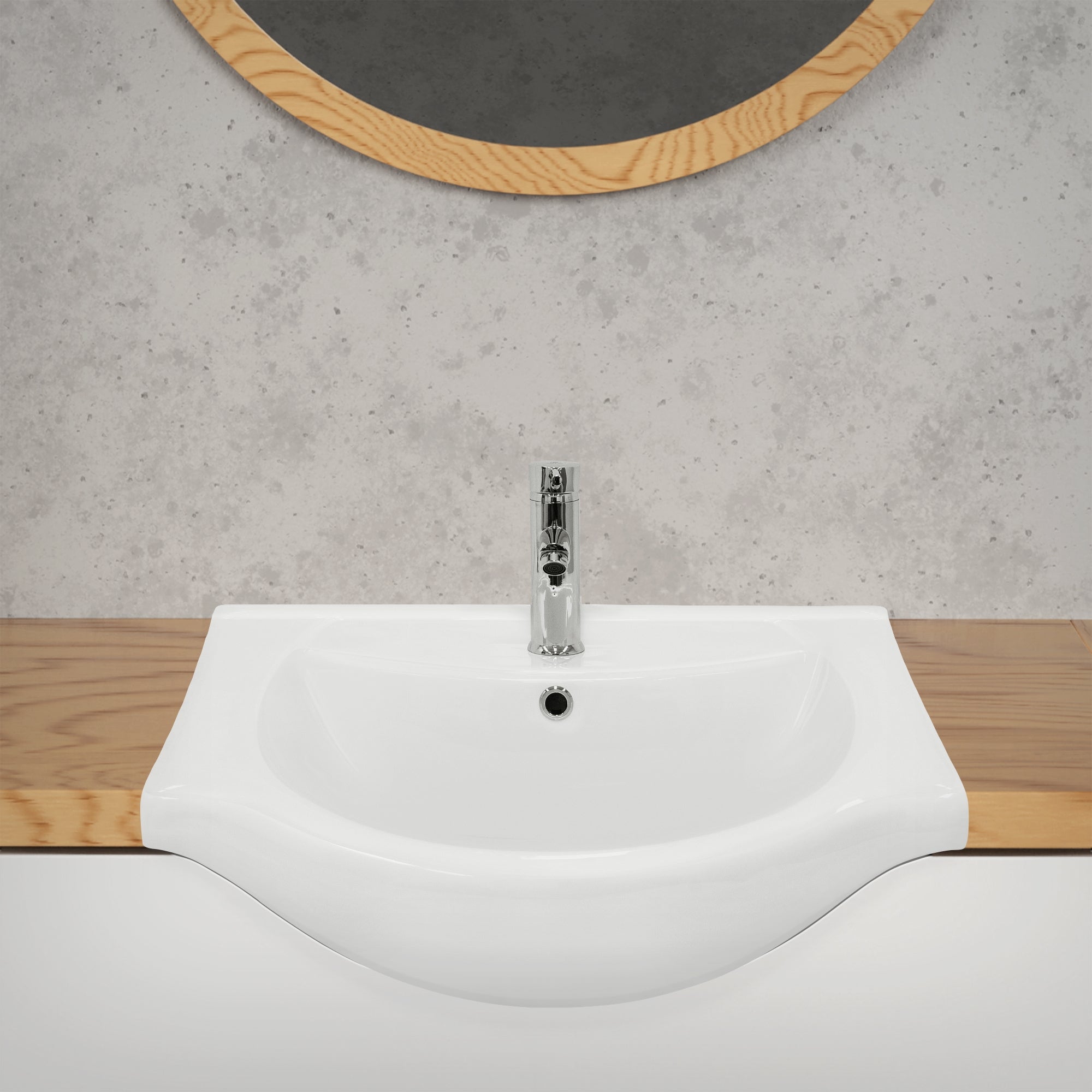 Sink on wooden base, with faucet, in front of gray wall.