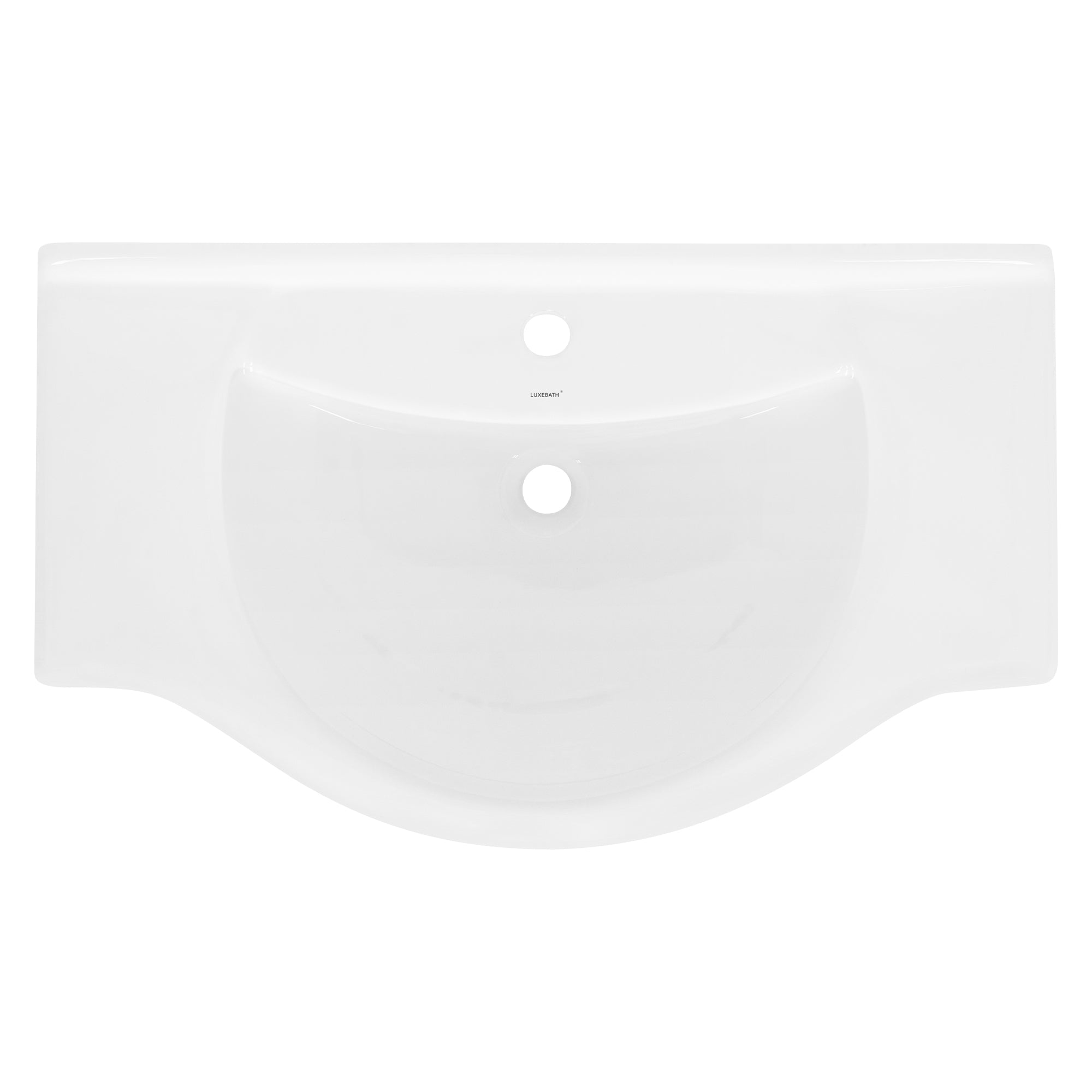 Bovenaanzicht van een witte wasbak met een gat voor de kraan.