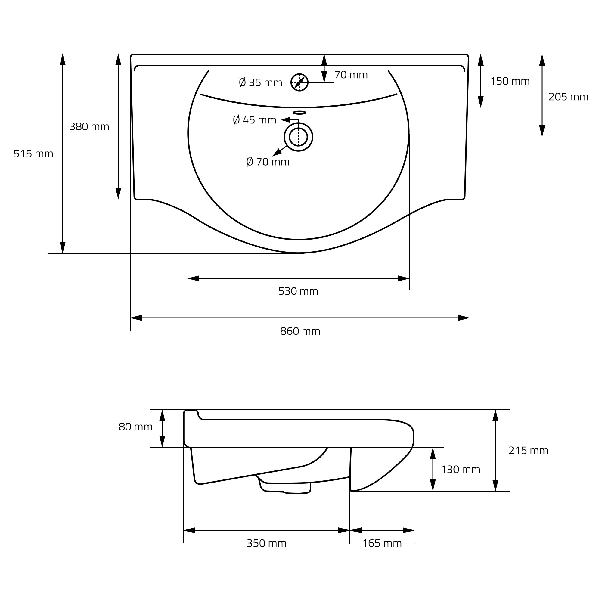 Technische tekening van een wasbak met afmetingen.