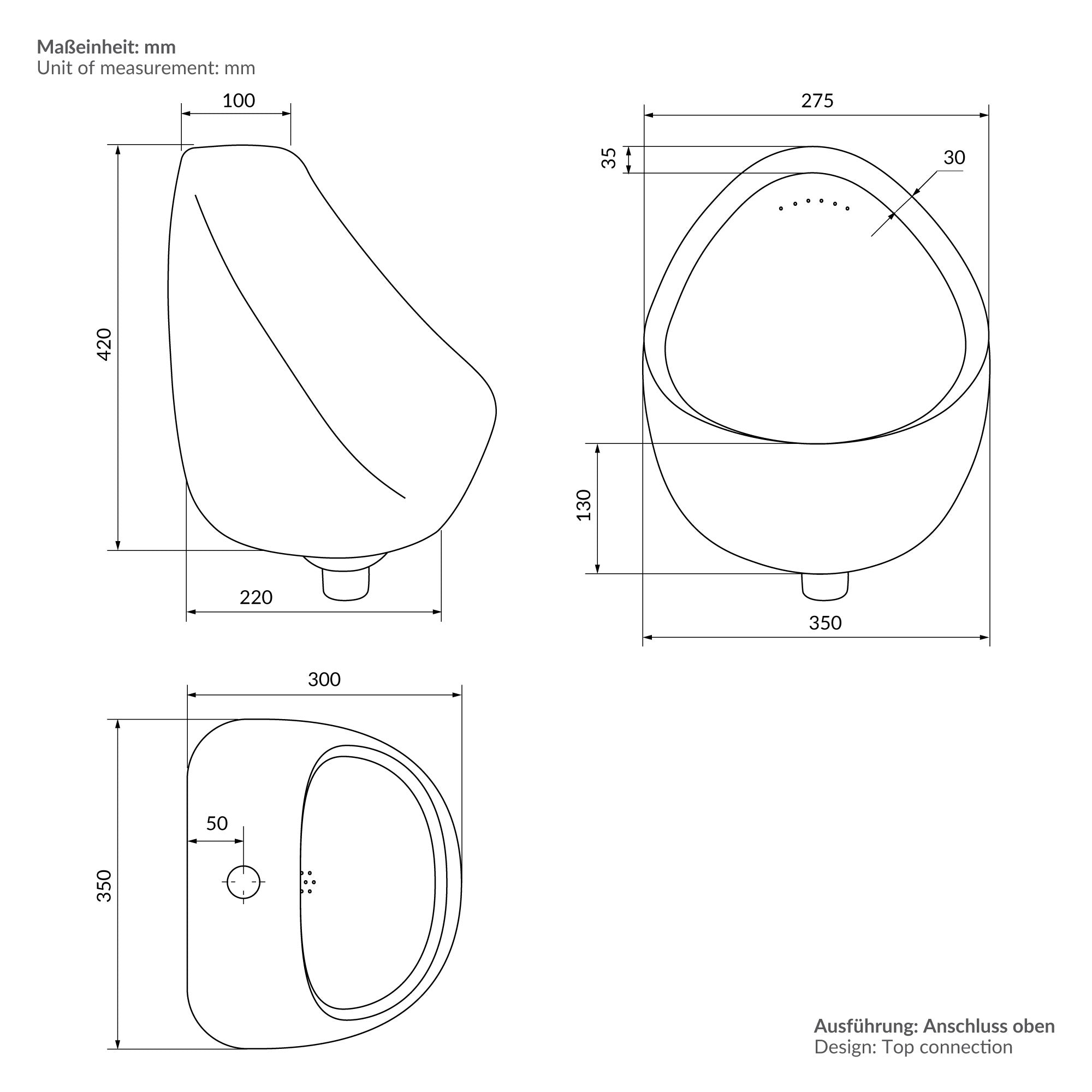 Teknisk tegning af et urinal med mål og tilslutning ovenfor.