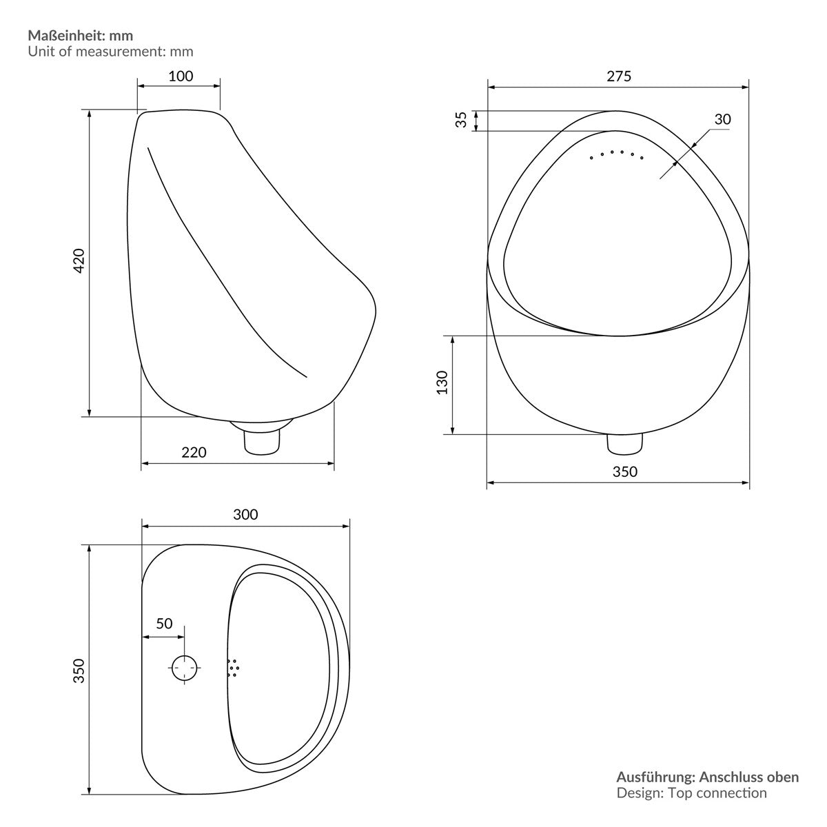 Technische Zeichnung eines Urinals mit Maßen und Anschluss oben.