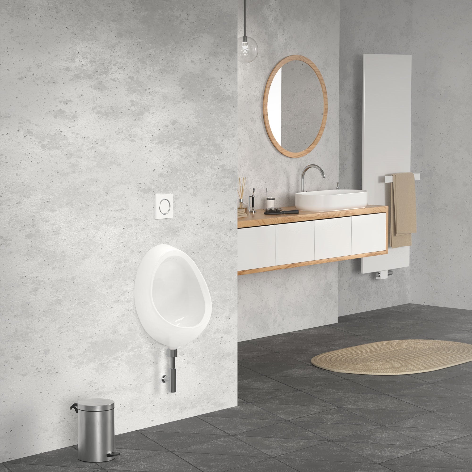 Modernes Badezimmer mit Urinal, Waschbecken und runder Wandspiegel.