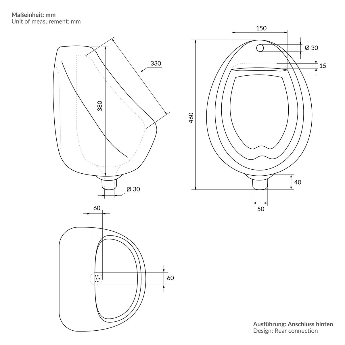 Desenho técnico de um urinol com dimensões em milímetros.