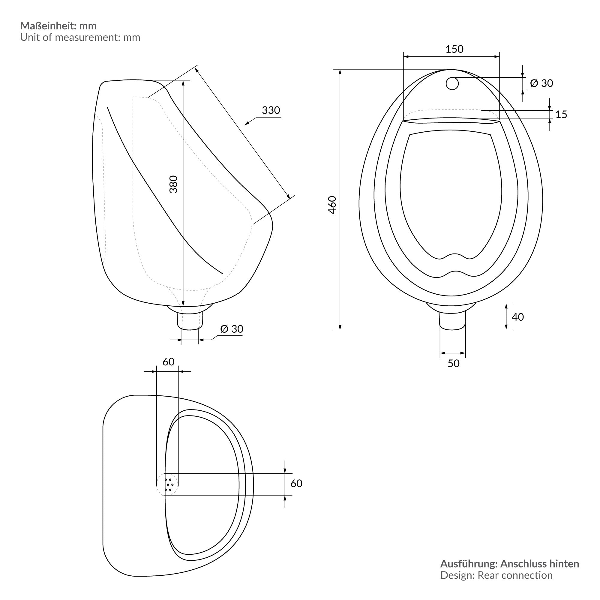 Technische Zeichnung eines Urinals mit Maßangaben in Millimetern.