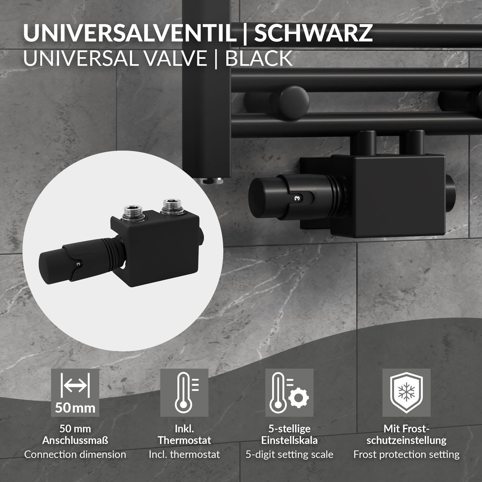 Schwarzes Universalventil mit Thermostat und Frostschutz.