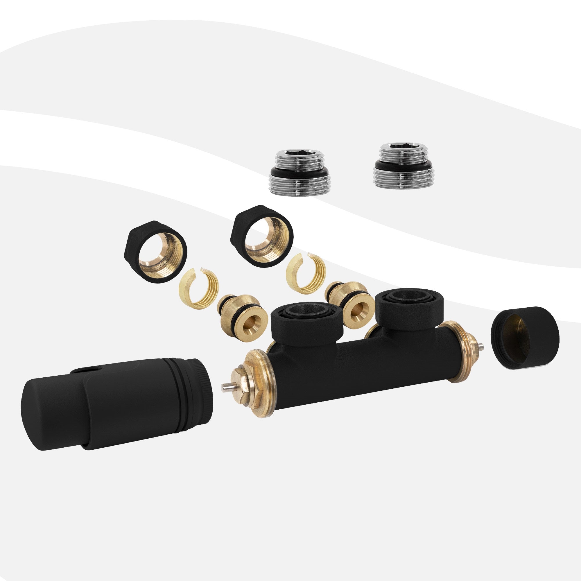 Disassembled view of a valve with various connection pieces.