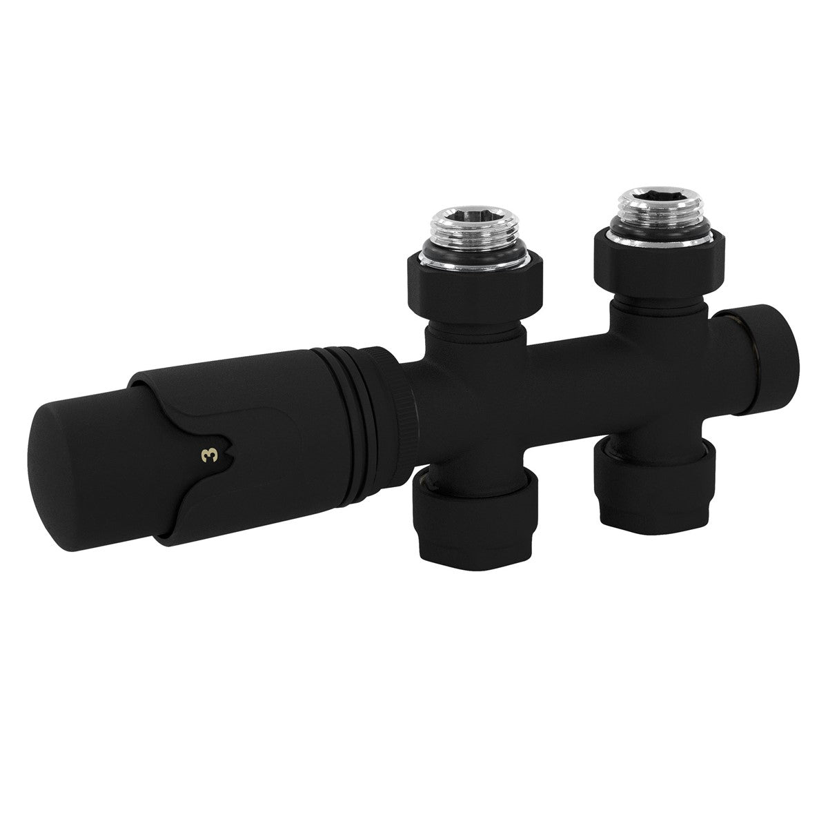 Black heating valve with two connections.