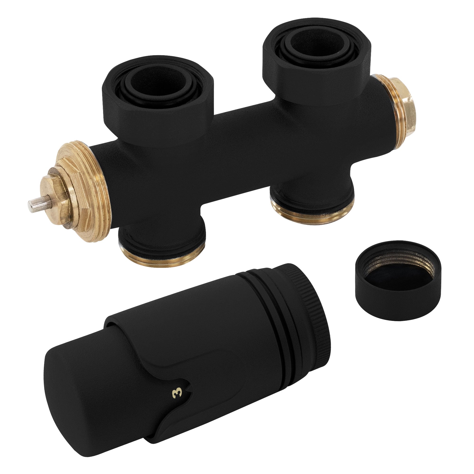 Pass-through valve in black with connection dimensions and thermostat.