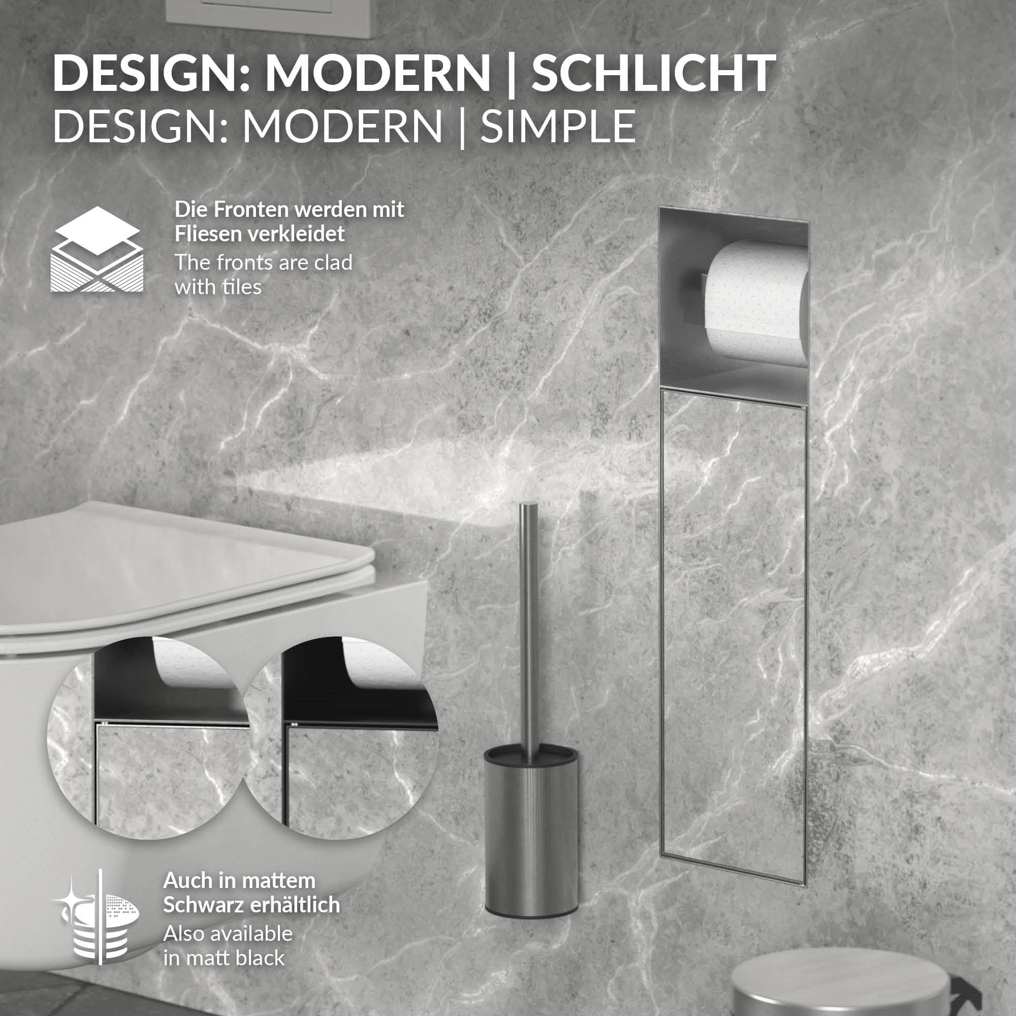 Moderne Badezimmerausstattung mit Toilettenpapierhalter und Bürste.