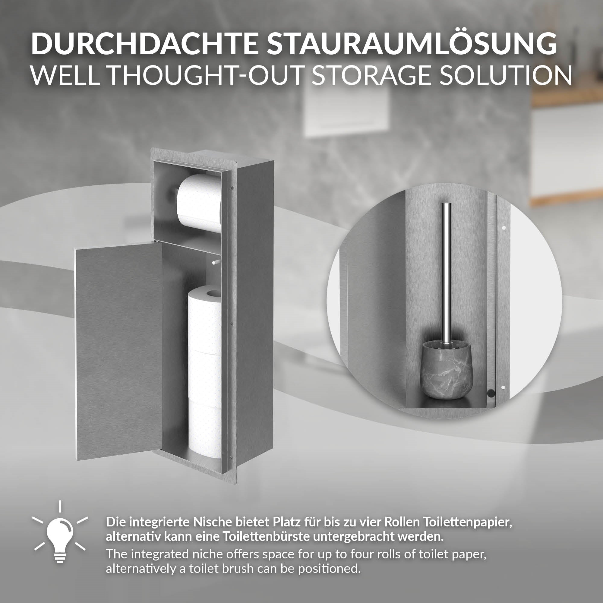 Grafik zur durchdachten Stauraumlösung für Toilettenpapier und Bürste.