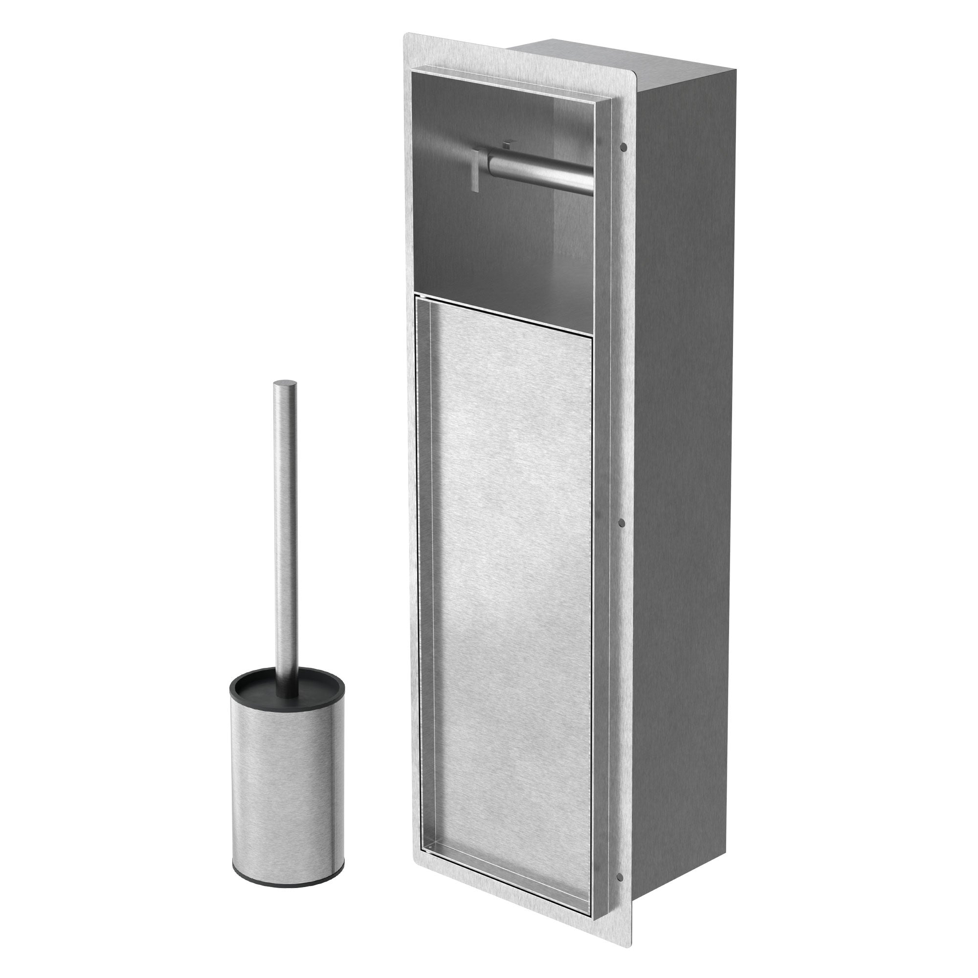 Soporte para cepillo de inodoro de acero inoxidable y contenedor de basura en un diseño moderno.