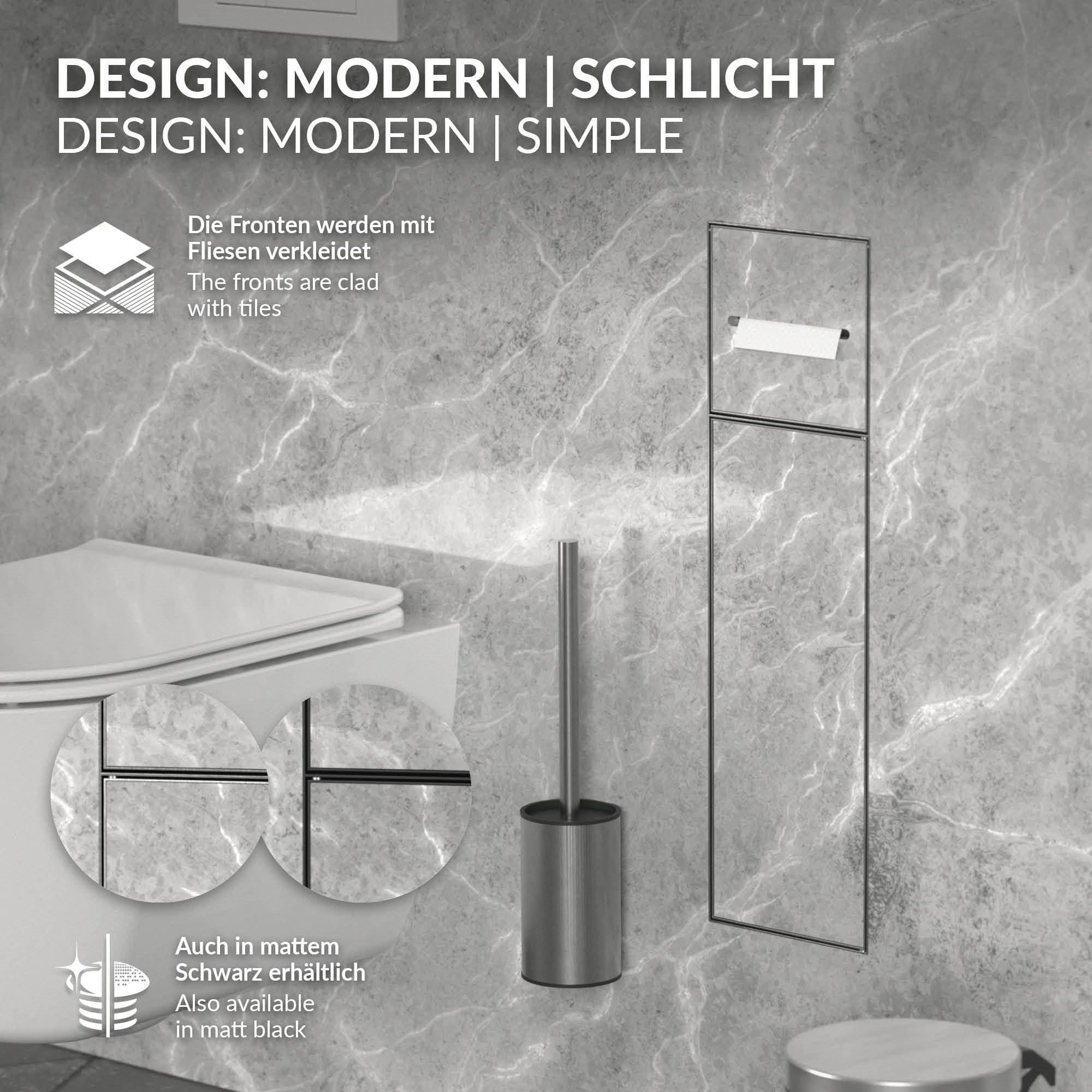 Bathroom with modern elements, including toilet brush and holder.
