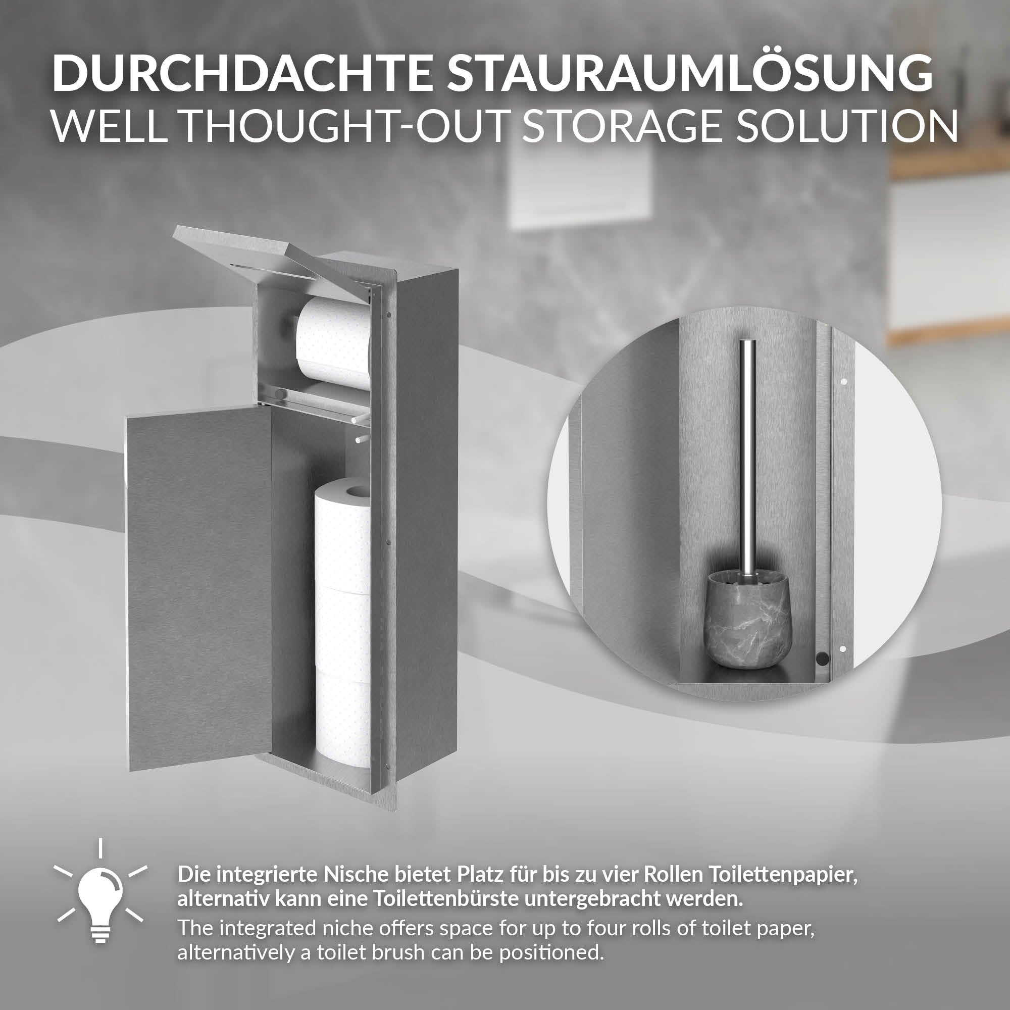 Gray toilet paper holder with space for toilet brush.