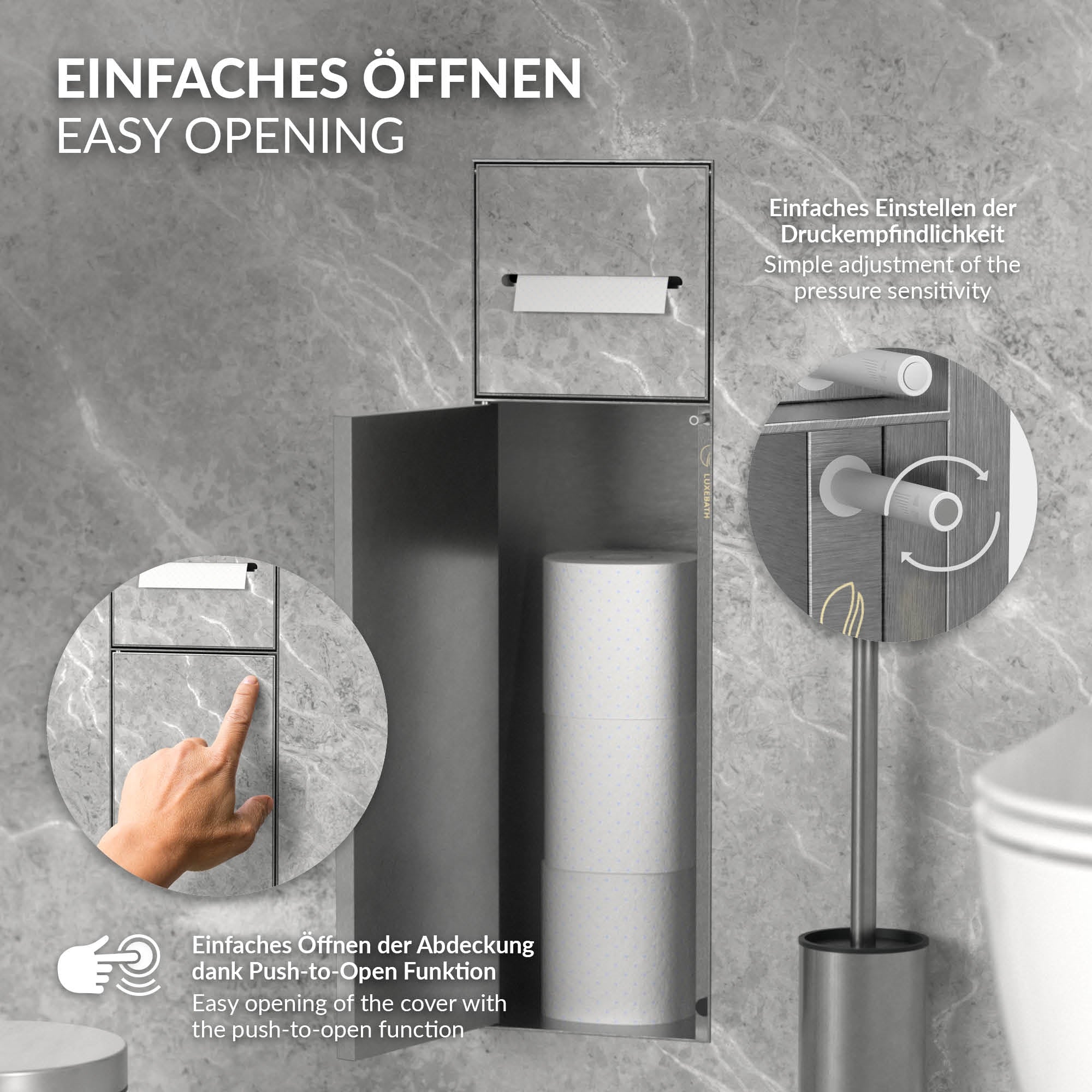 Grafik mit Anleitung zum einfachen Öffnen eines Toilettenpapierhalters.