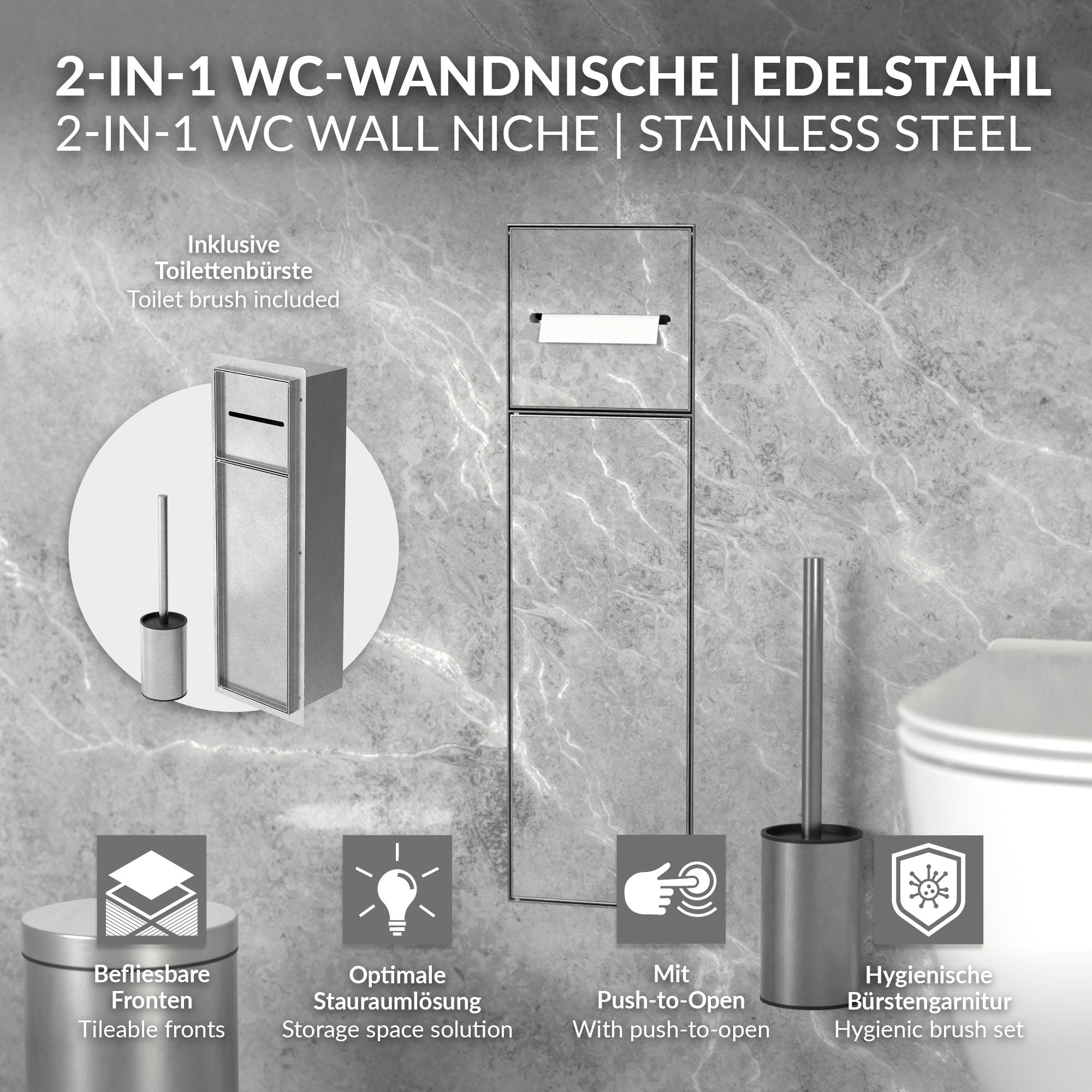 Væg niche til toilet i rustfrit stål med toiletbørste og holder.