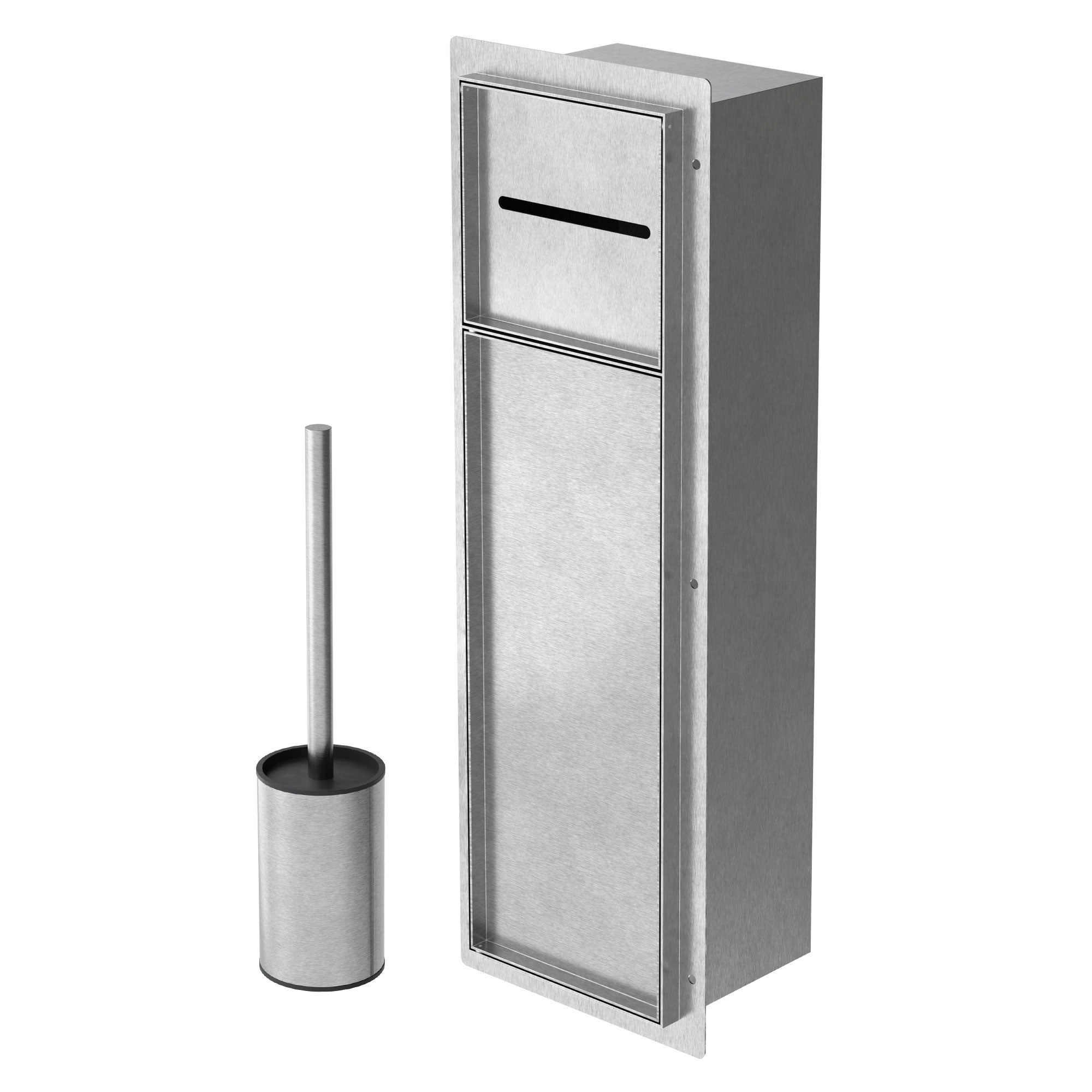 Affaldsspand i rustfrit stål med toiletbørste i et moderne design.