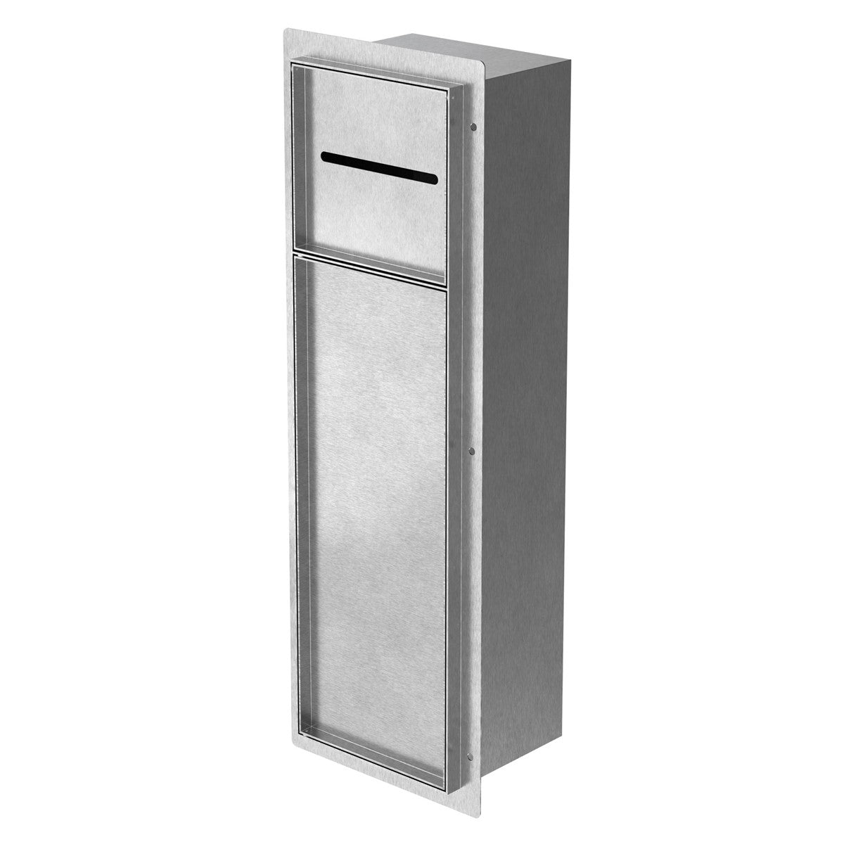 Edelstahl Briefkasten mit schmalem Schlitz und unterem Fach.