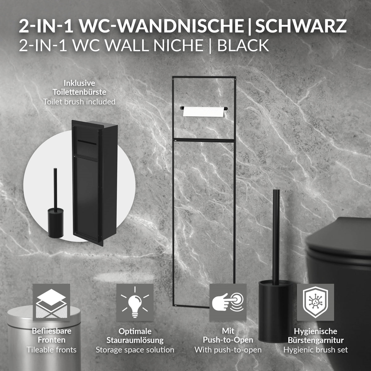 WC-Wandnische mit Bürste und Halterung in Schwarz.