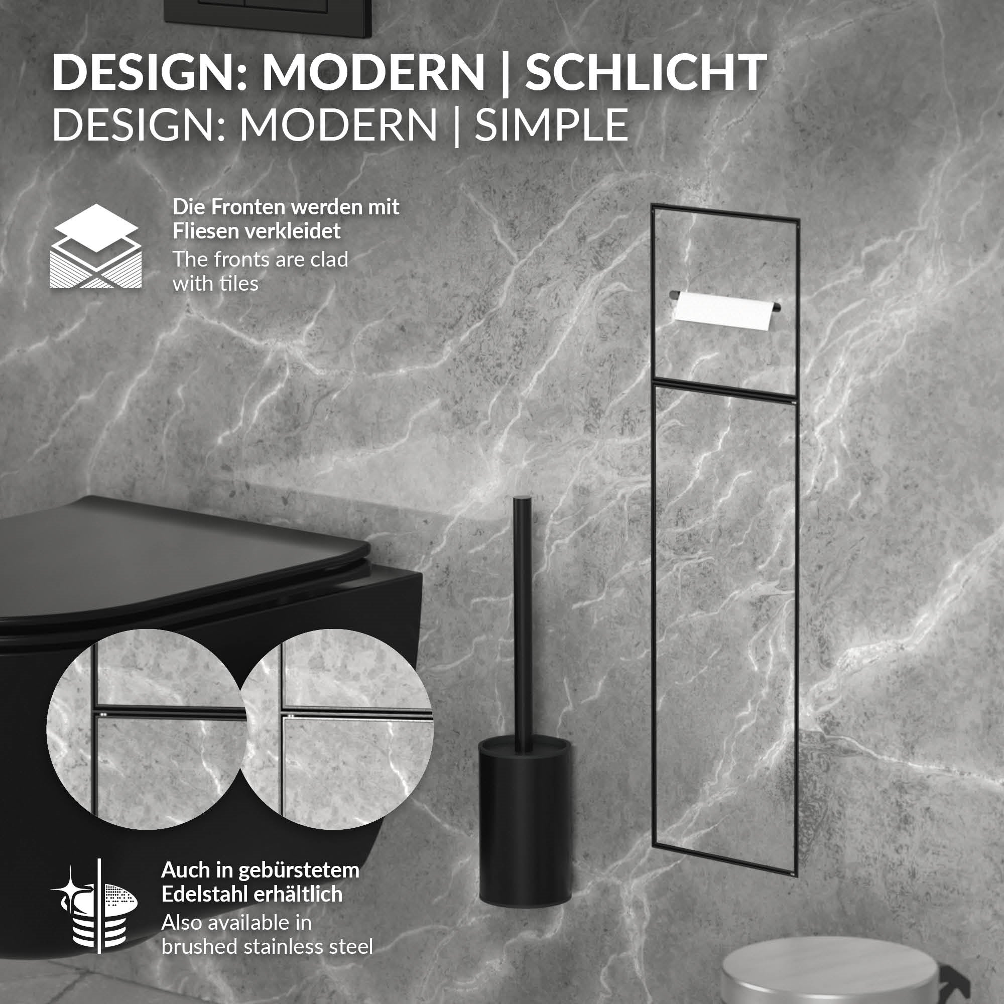 Modernes Badezimmerdesign mit Fliesen und Halterungen für Toilettenpapier und Bürste.