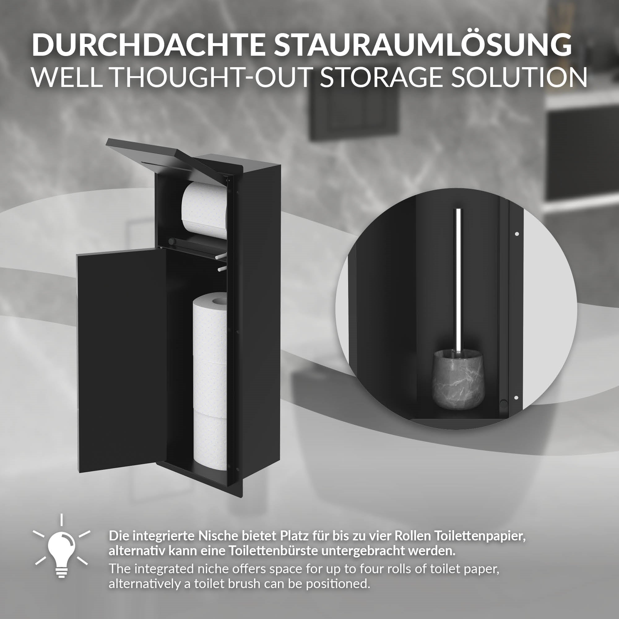 Schwarzer Toilettenpapierhalter mit integriertem Platz für Toilettenbürste.