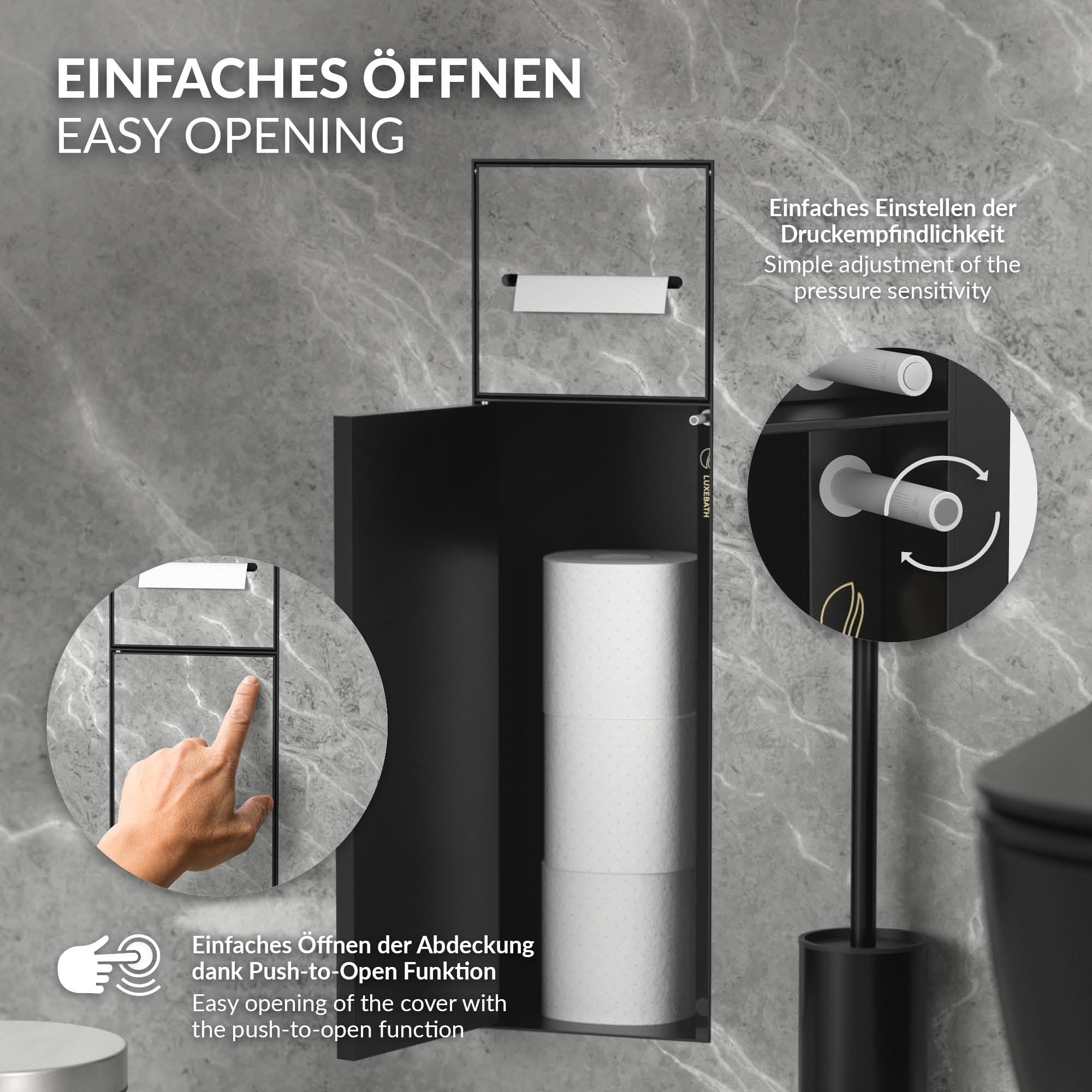 Schwarzer Abfallbehälter mit Druckmechanismus und Toilettenpapierrollen.
