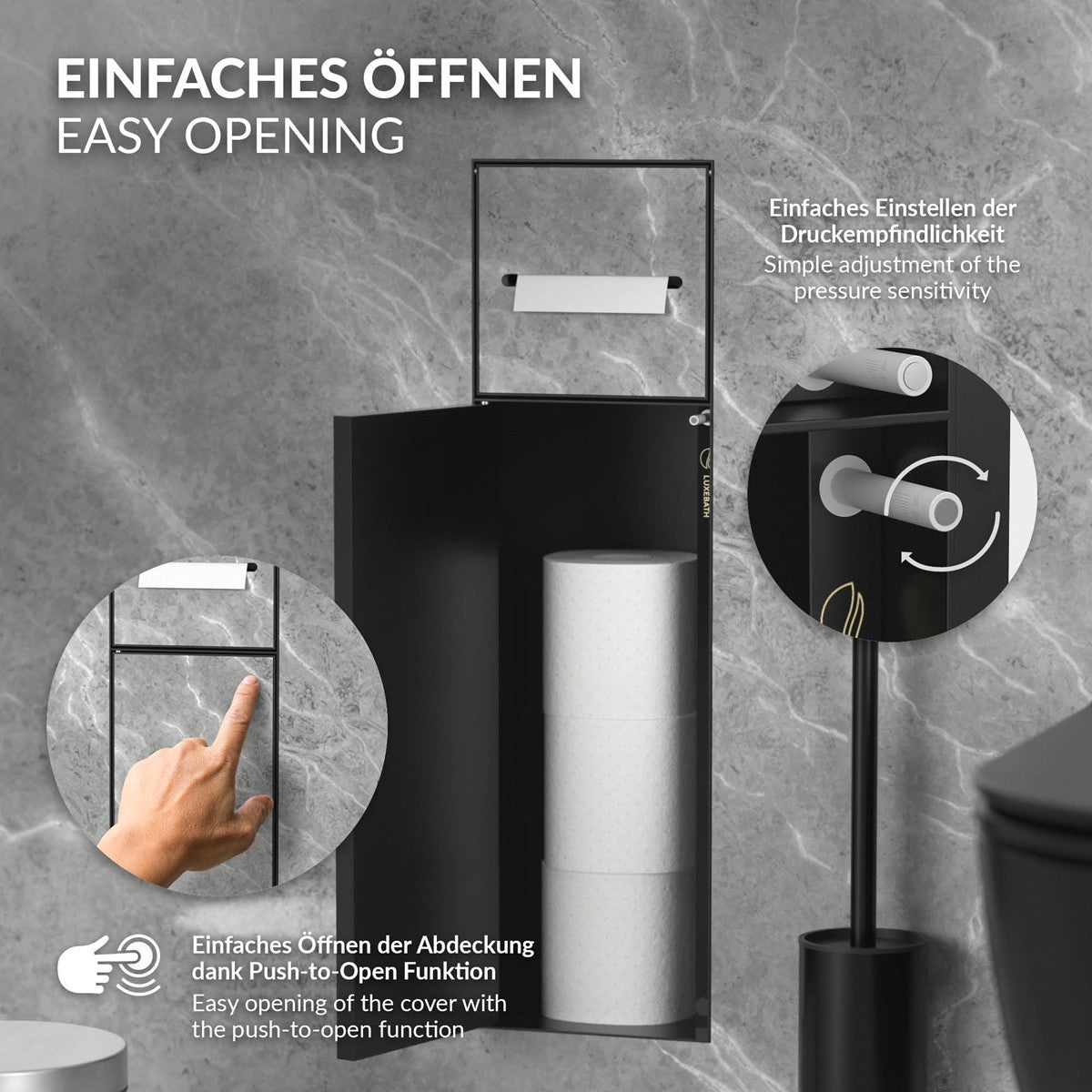 Schwarzer Spender mit Papierrollen, geöffnete Abdeckung, auf marmoriertem Hintergrund.