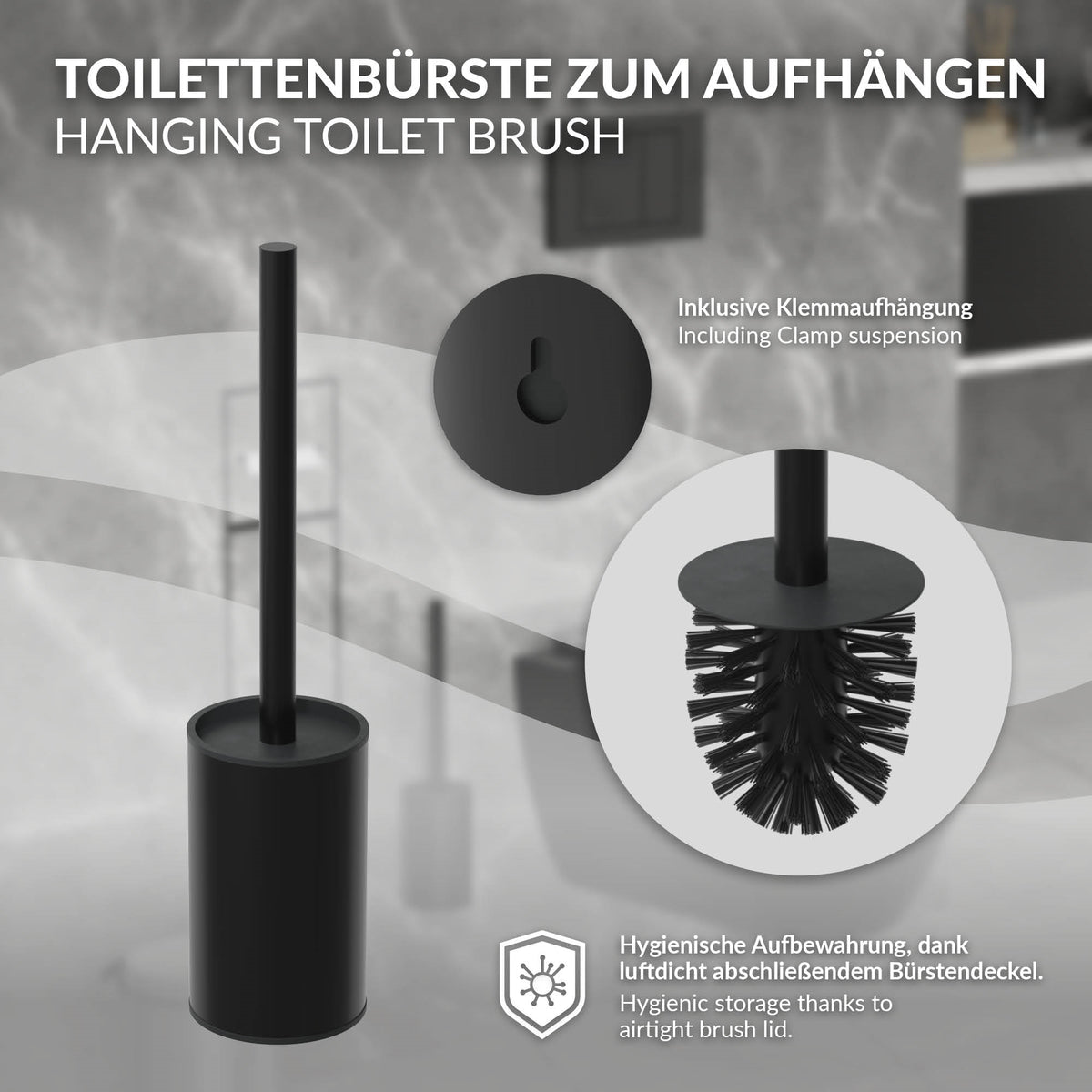 Schwarze Toilettenbürste mit Halterung und Hygienedetails.