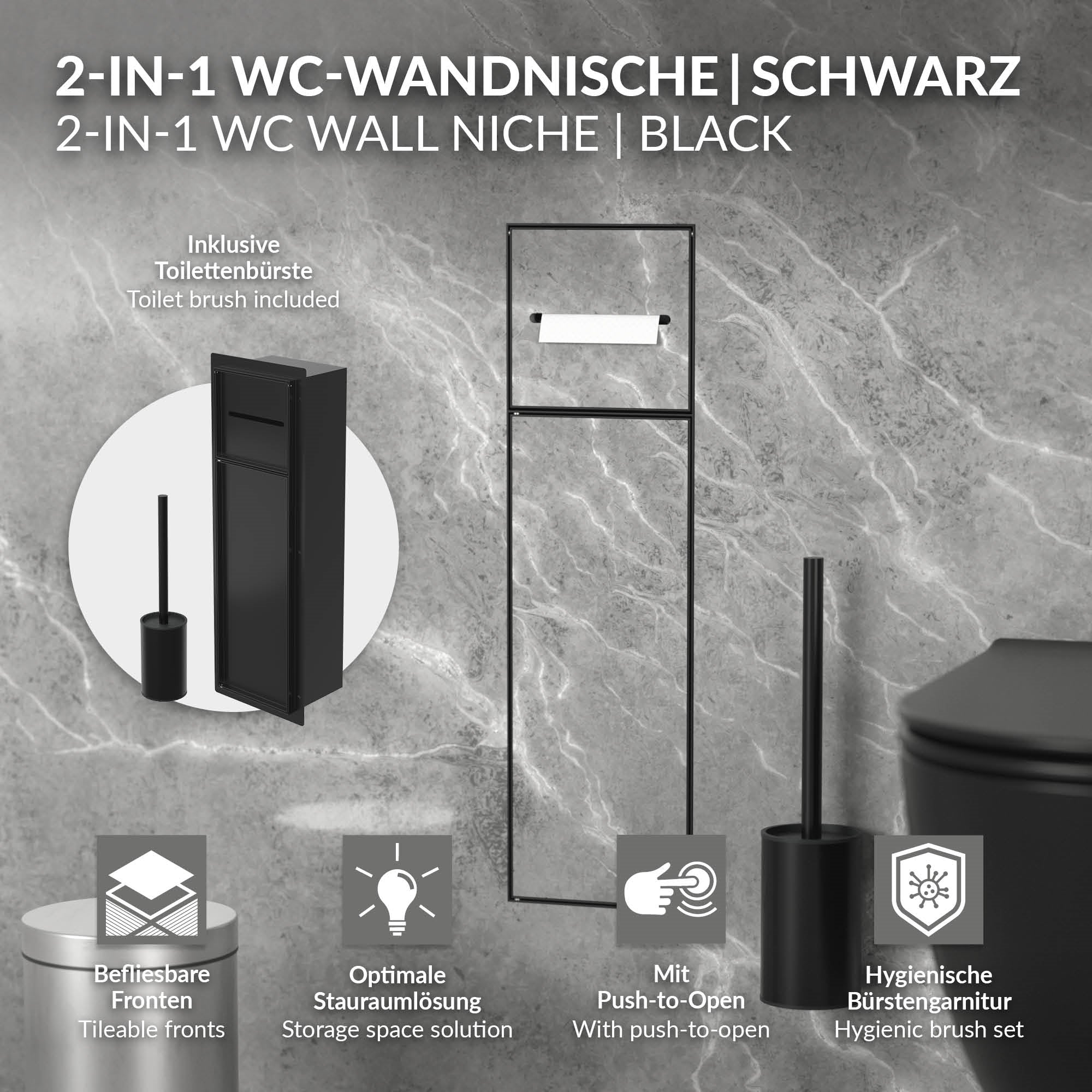 WC-Wandnische mit Bürste und Halterung in Schwarz.