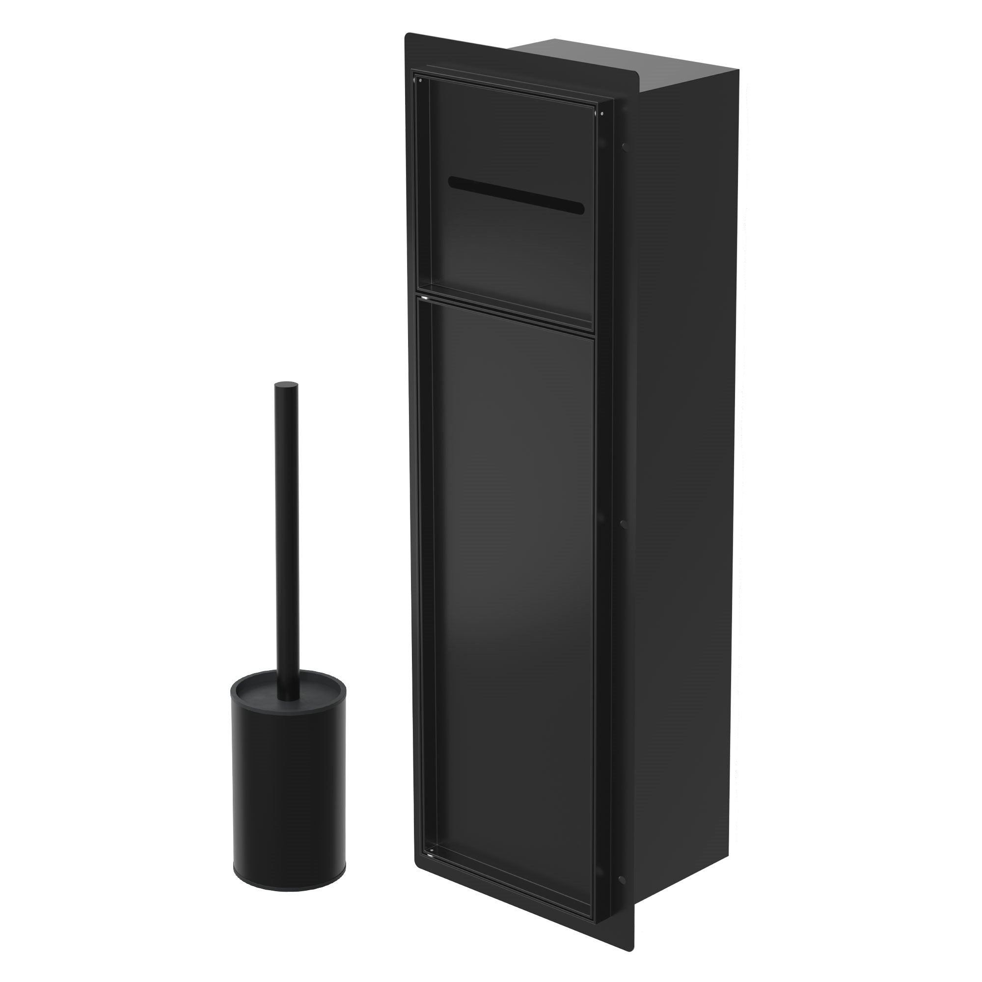 Black waste bin and toilet brush on a bathroom floor.