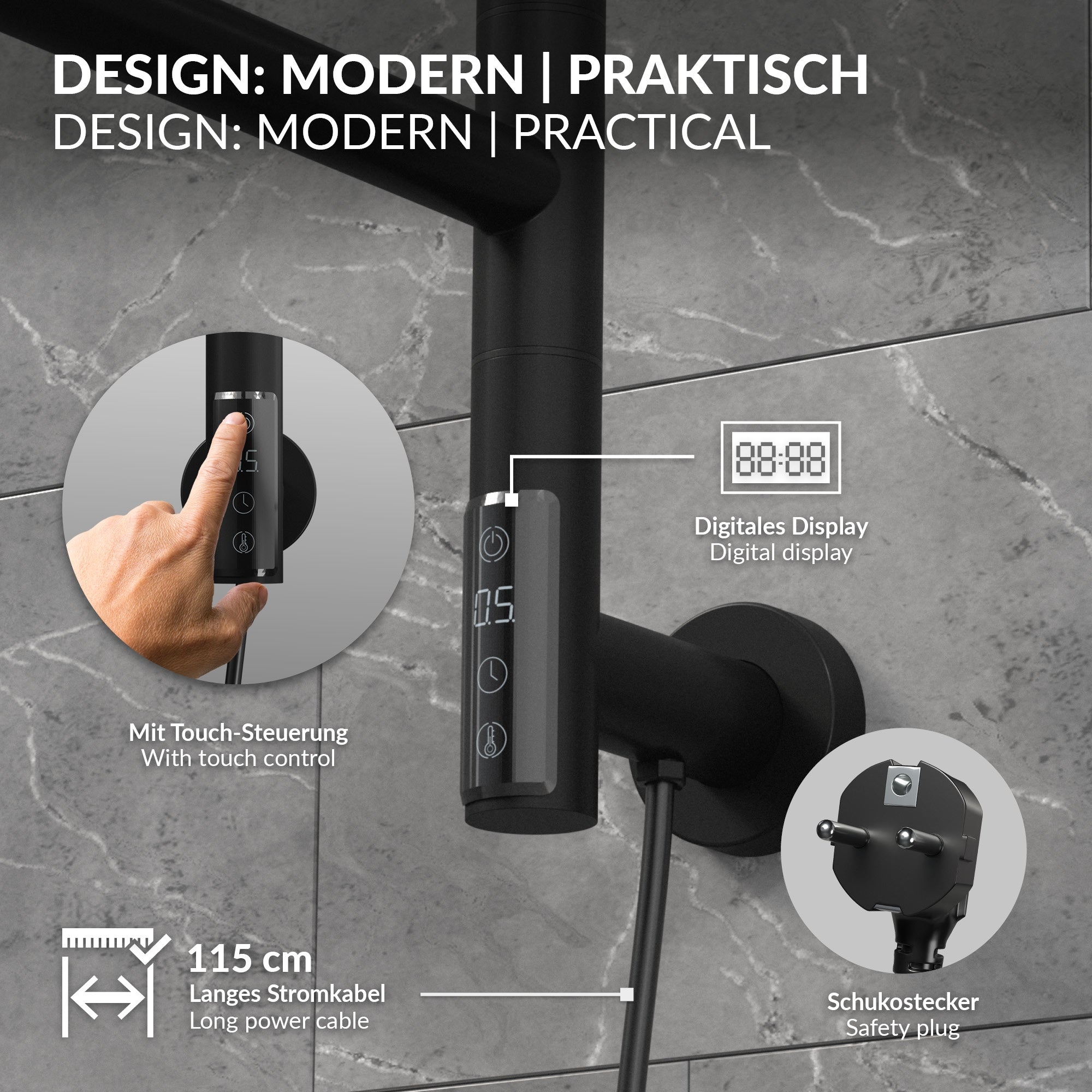 Ein modernes Duschgerät mit digitalem Display und Touch-Steuerung an einer Wand.