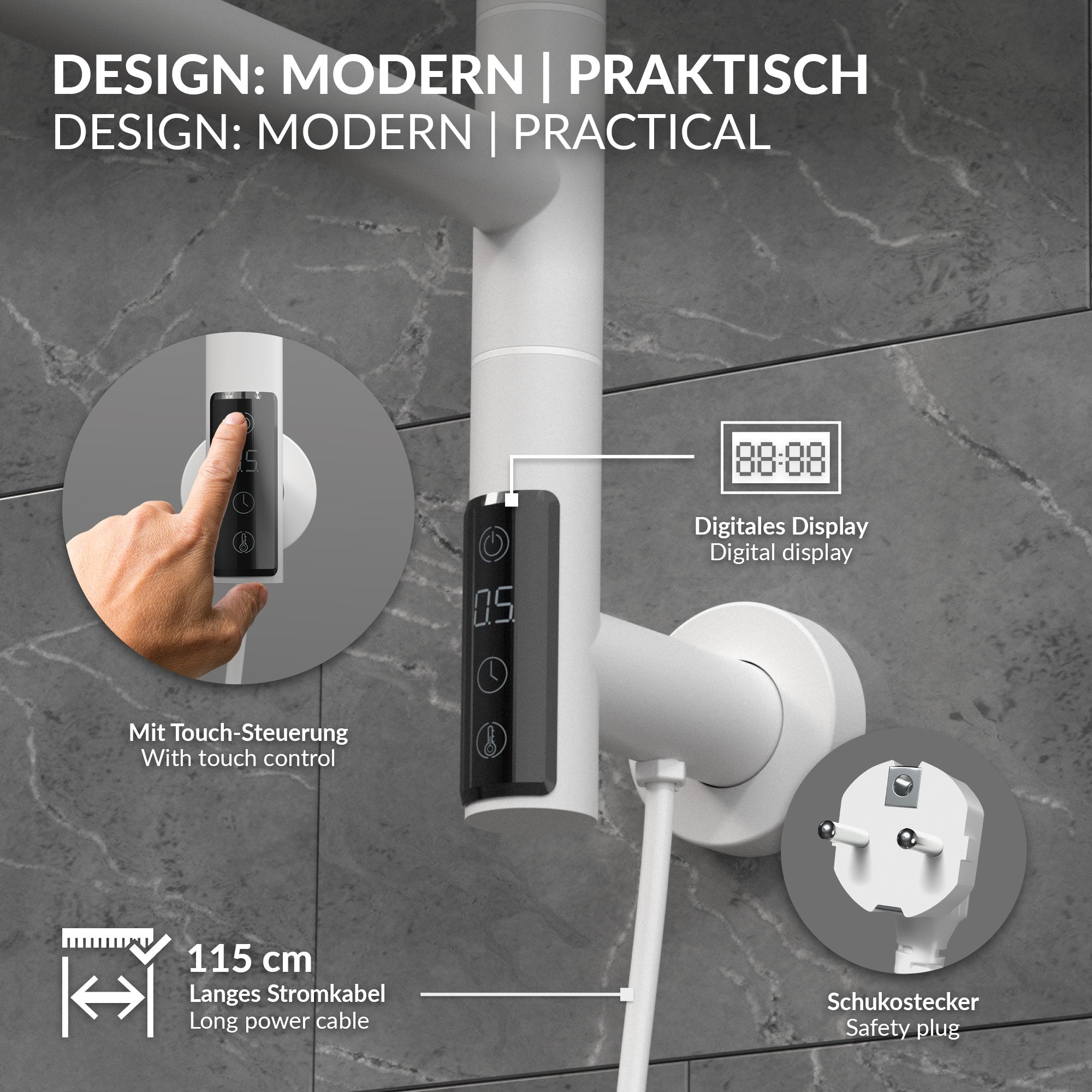 Digitalt display med touch-kontrol til brusesystem.