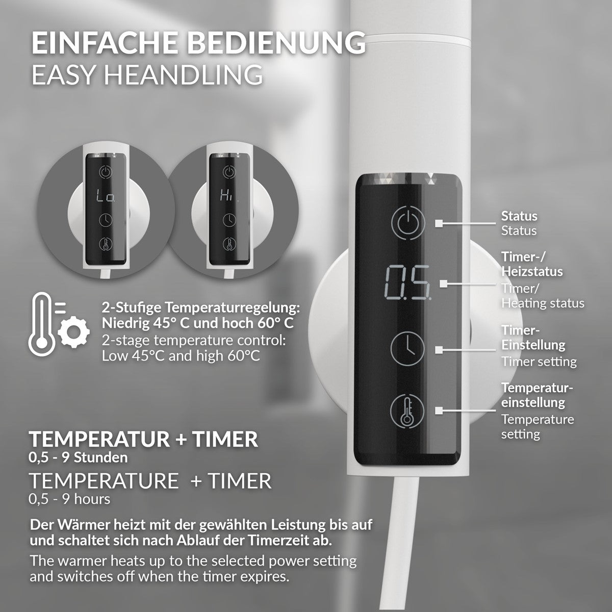 Bedienfeld mit Temperatur- und Timer-Einstellungen.