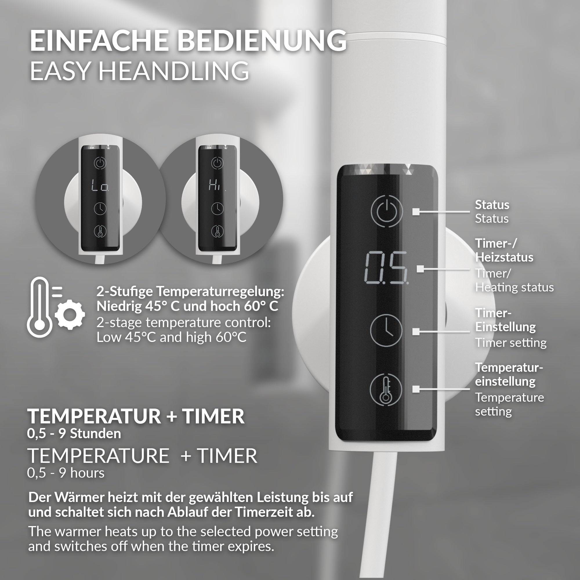 Betjeningspanel med temperatur- og timerindstillinger.