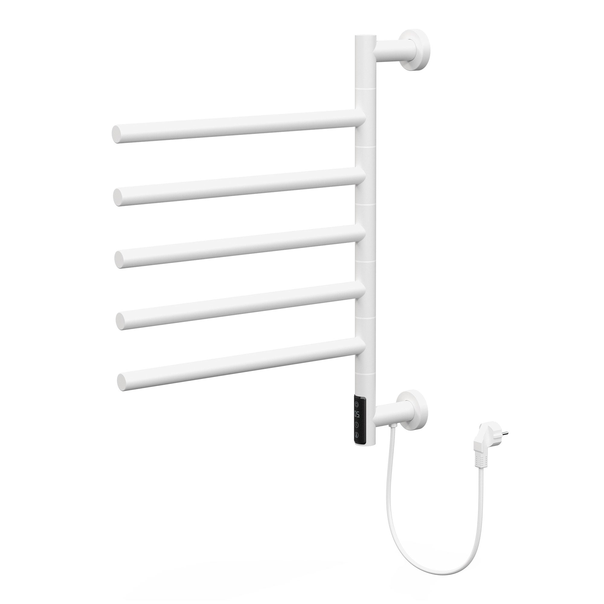 Weißer Handtuchwärmer mit fünf Stangen und Stecker.