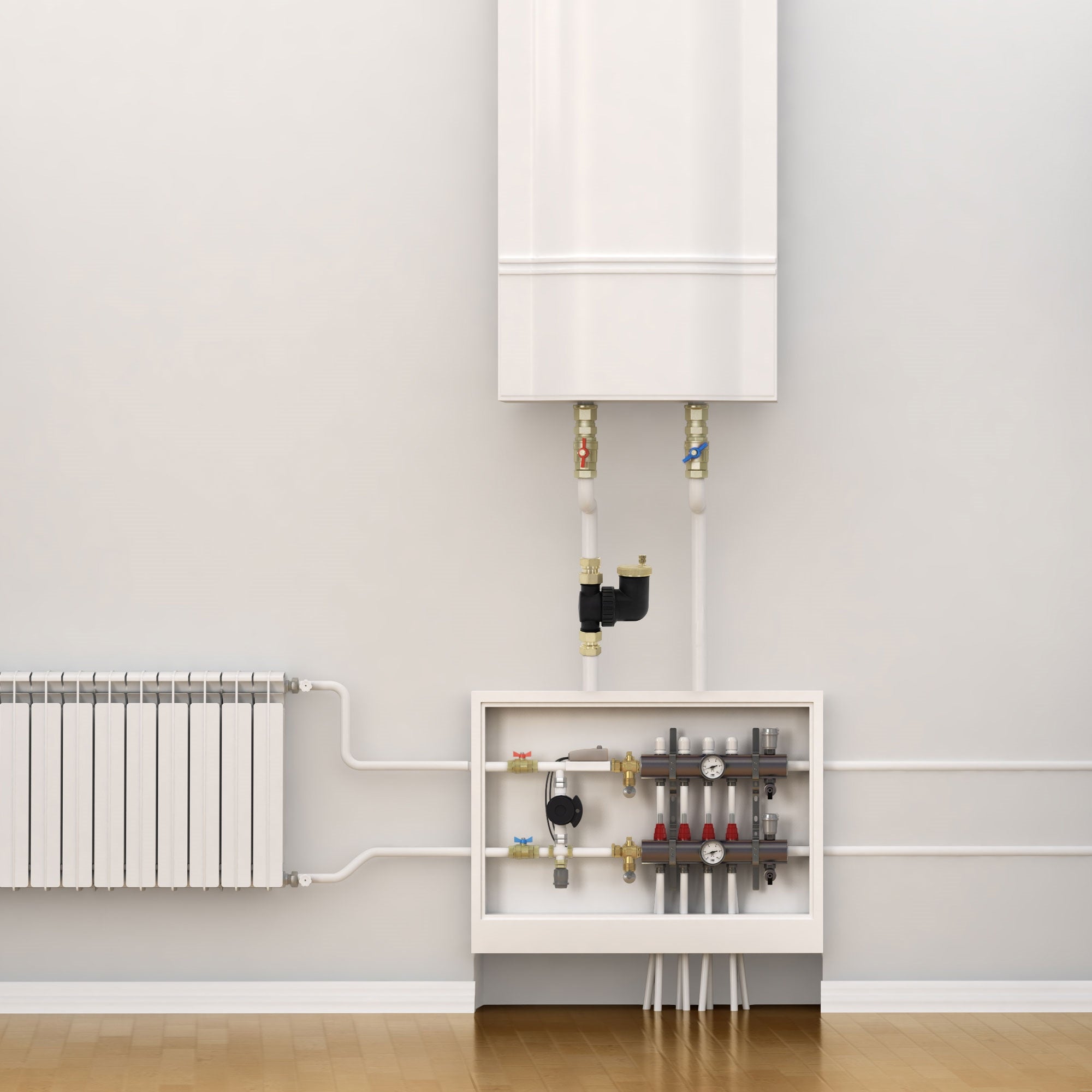 Ein Heizgerät an einer Wand mit Rohren und einem Heizkörper darunter.