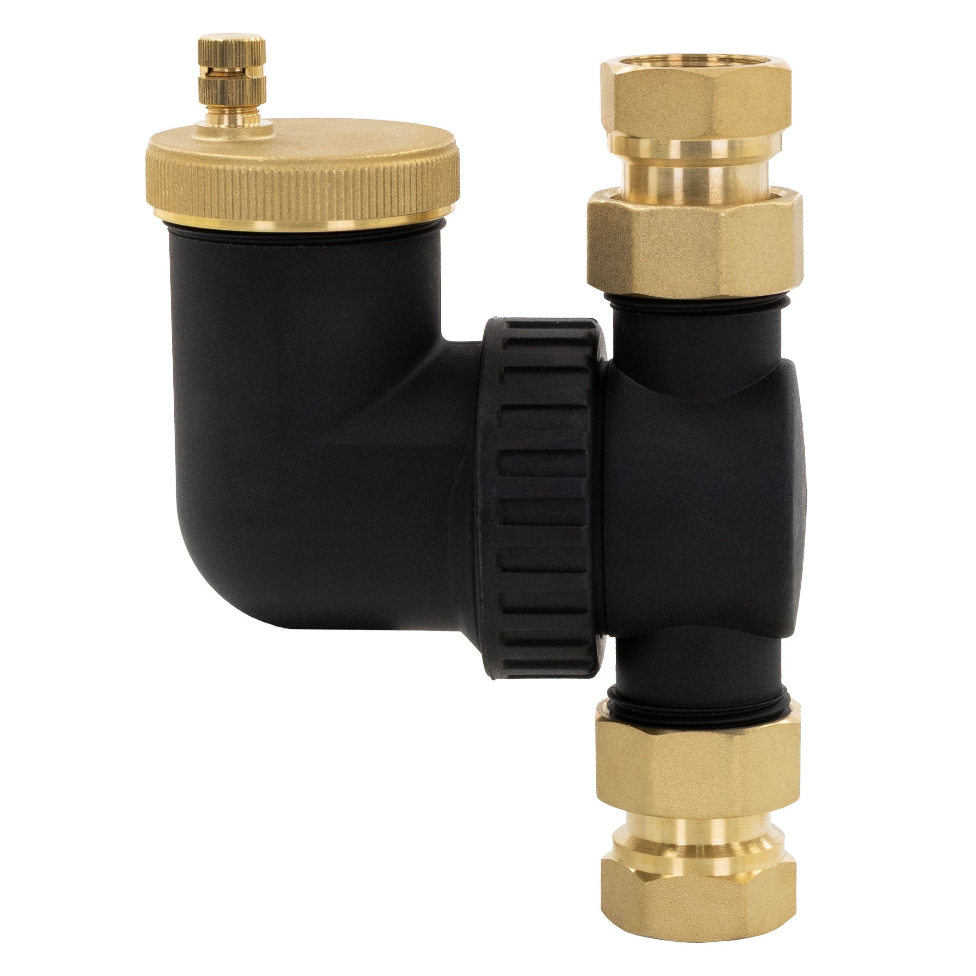 Schwarzes Bauteil mit goldenen Anschlüssen, auf weißem Hintergrund.